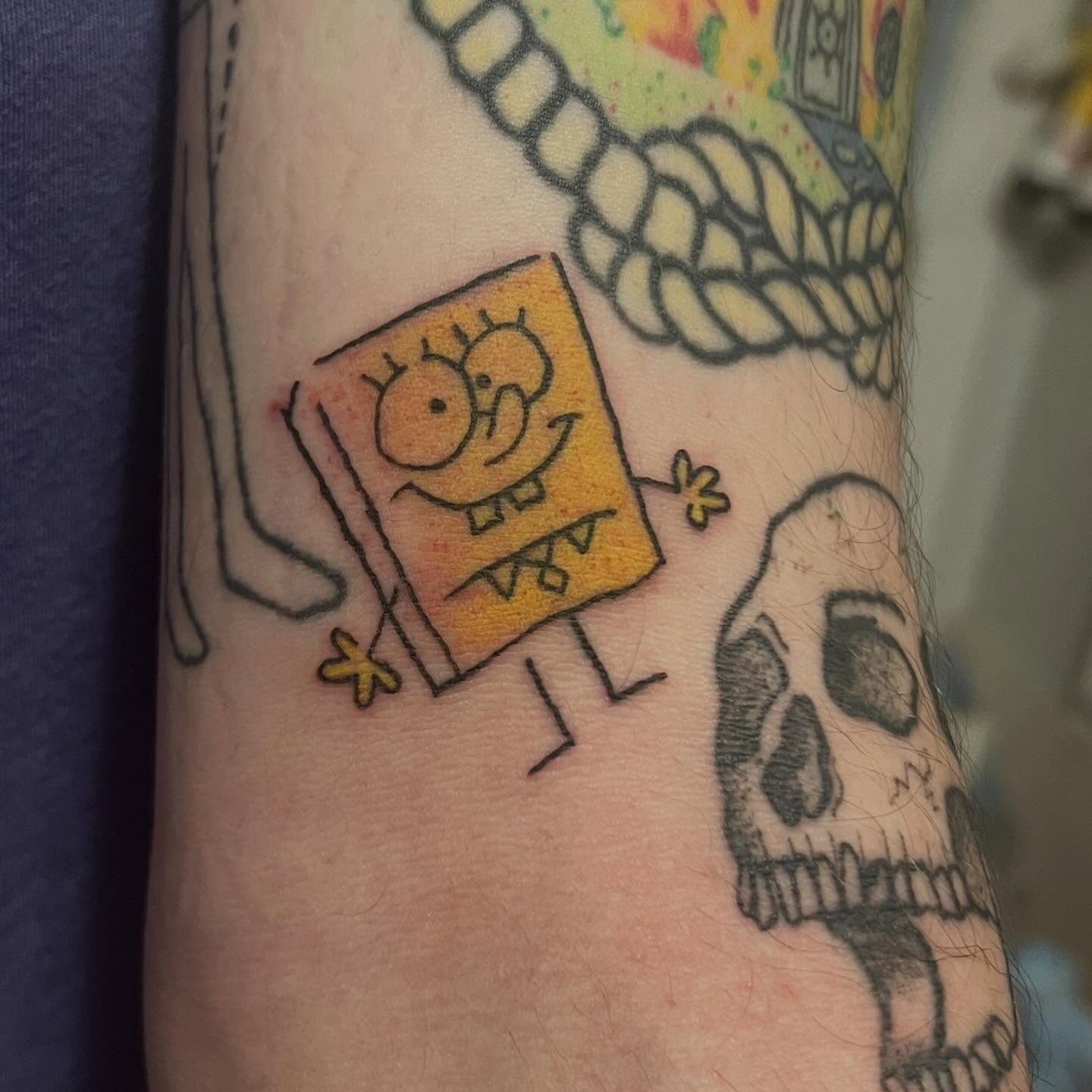Spongebob squarepants new school tattoo on the forearm by Tomfoolery