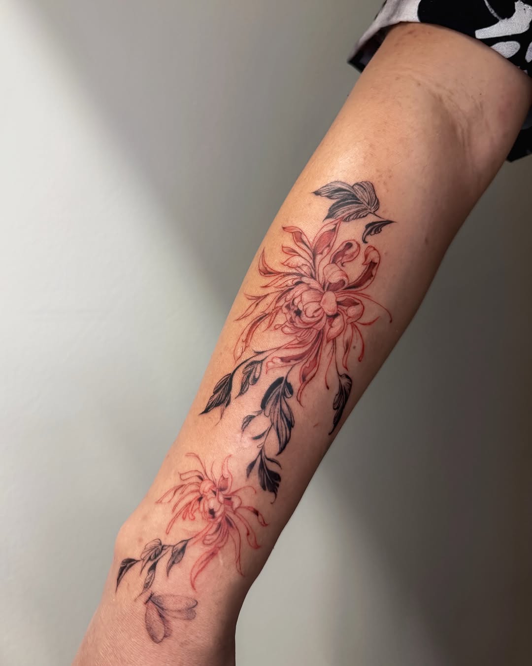 Chrysanthemum dotwork tattoo on the forearm by Hery Anwar