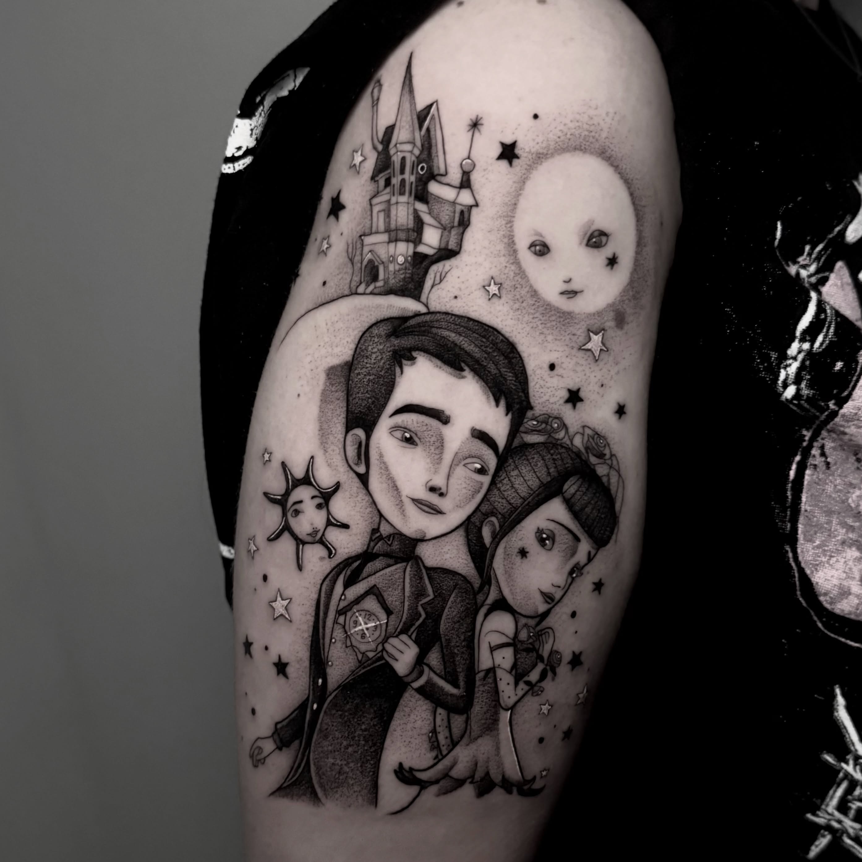 Fairy tale characters dotwork tattoo on the forearm by ɪᴠᴏɴɴᴇ