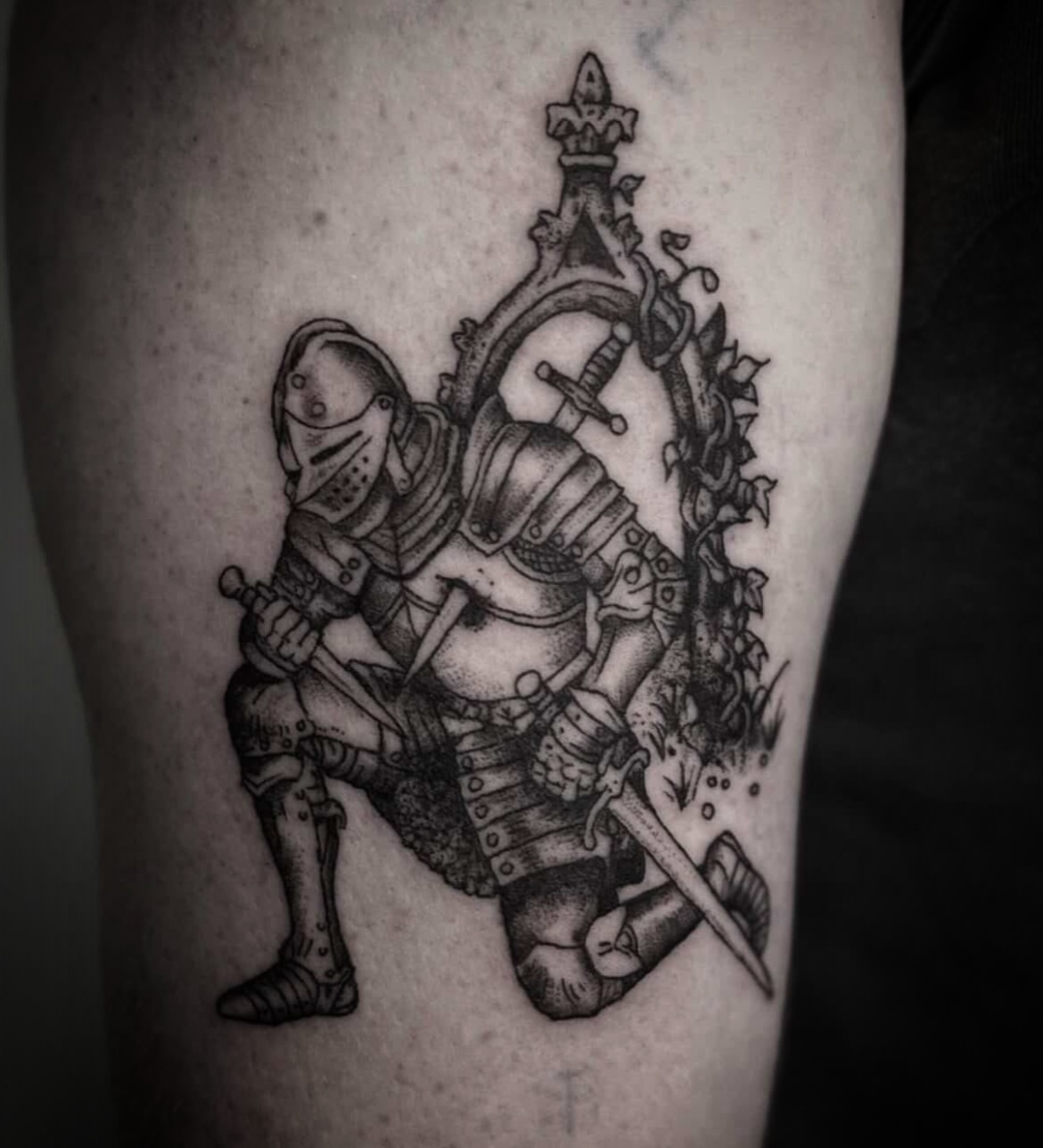 Knight and crown realism tattoo on the thigh by Tattoo Artist, Philadelphia, Pennsylvania