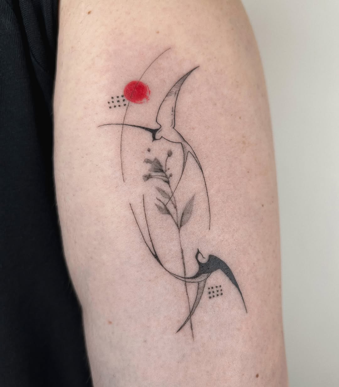 Swallows and plant with red sun minimalist tattoo on the forearm by Helly March