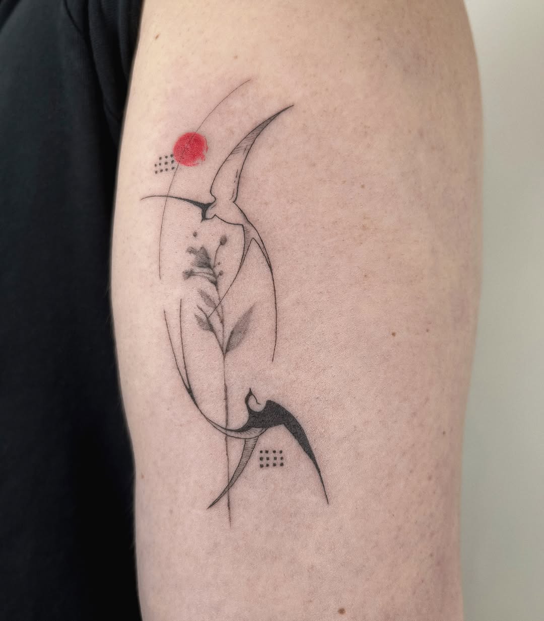 Swallows and plant minimalist tattoo on the forearm by Helly March