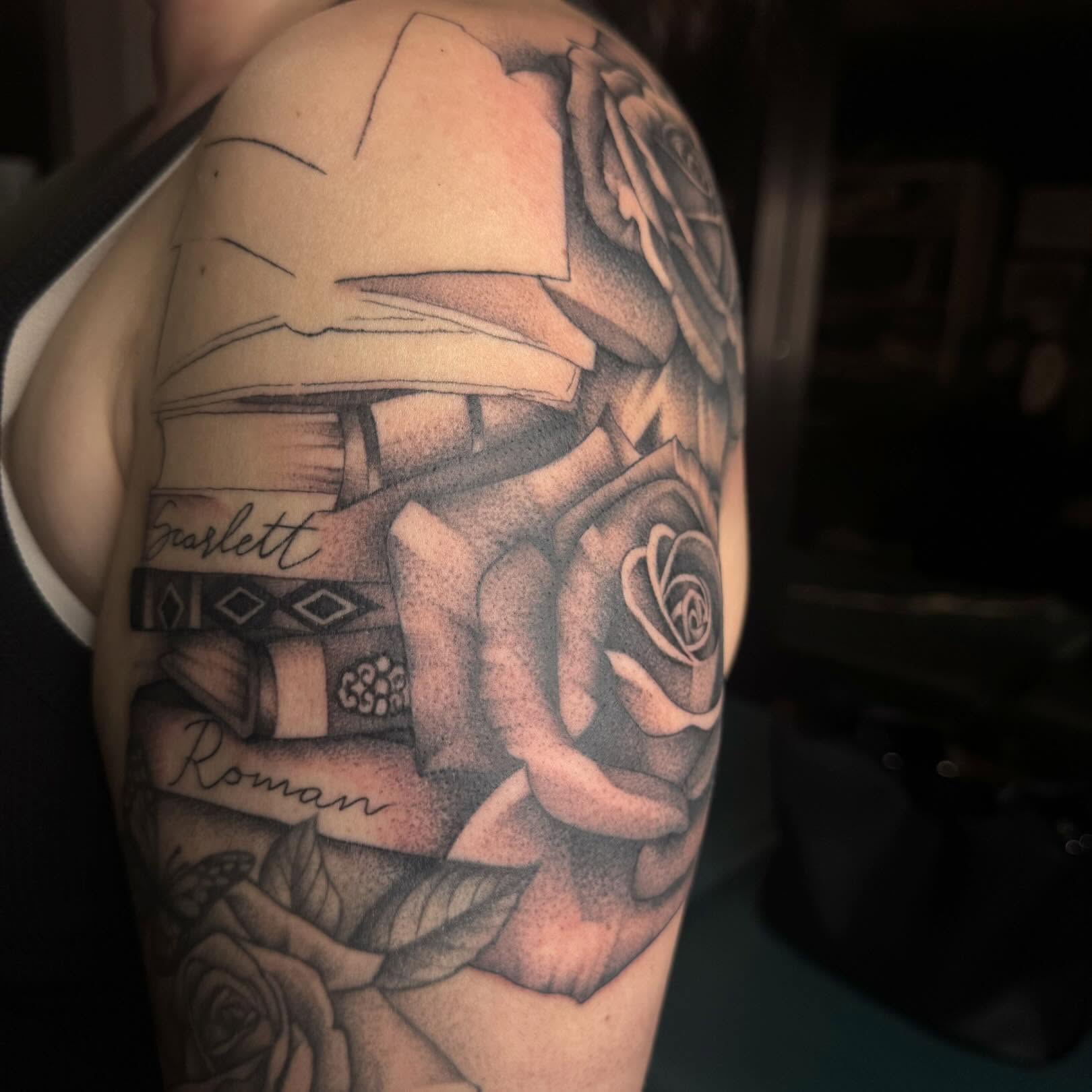 Book and roses geometric tattoo on the shoulder by Tattoo, San Diego, California