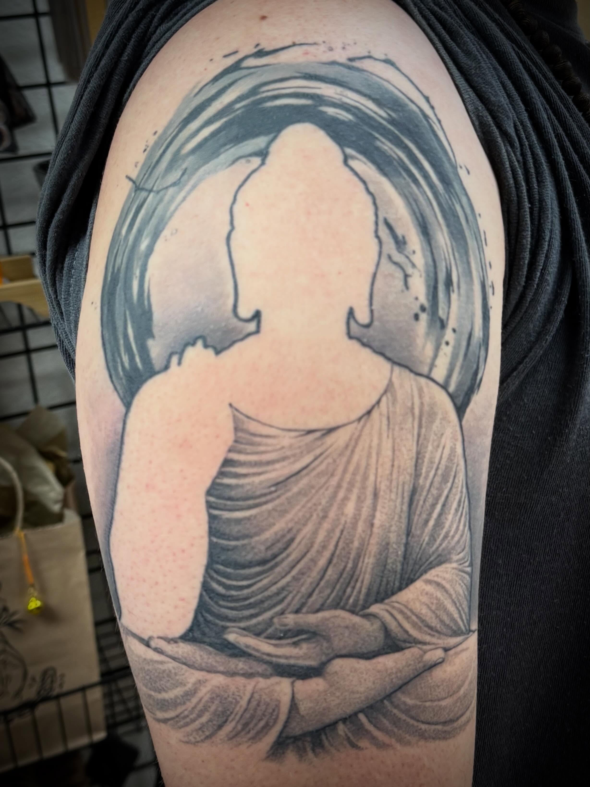 Tattoo by @tatdaddyangel — black_and_grey