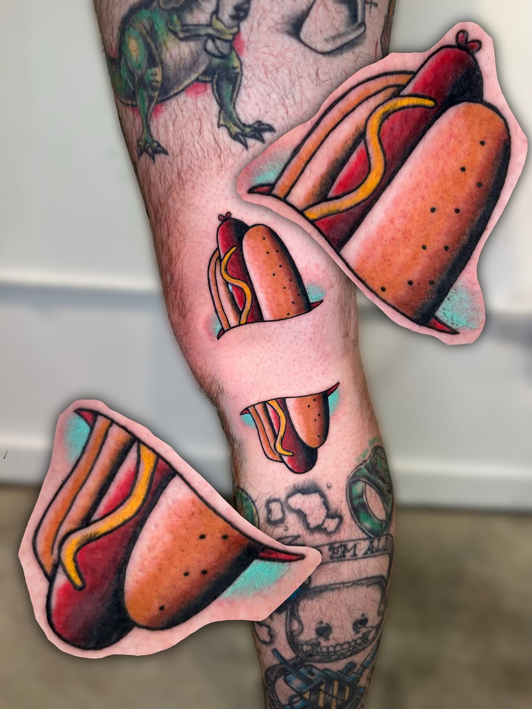 Hot dogs with mustard American traditional tattoo on the forearm by Lex