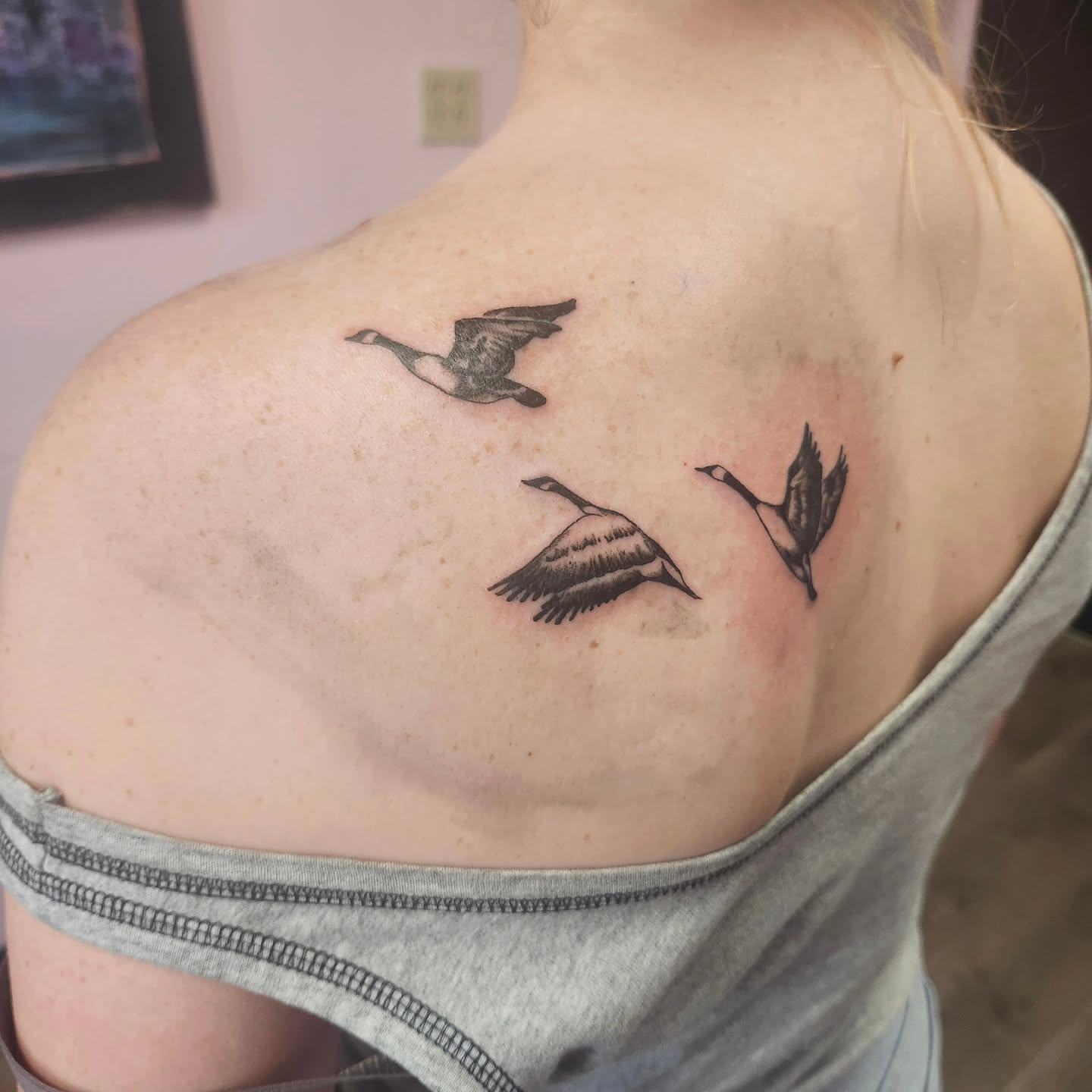 Geese black and grey tattoo on the back by Meredith 🎈 Tattoo the Bride ✝️