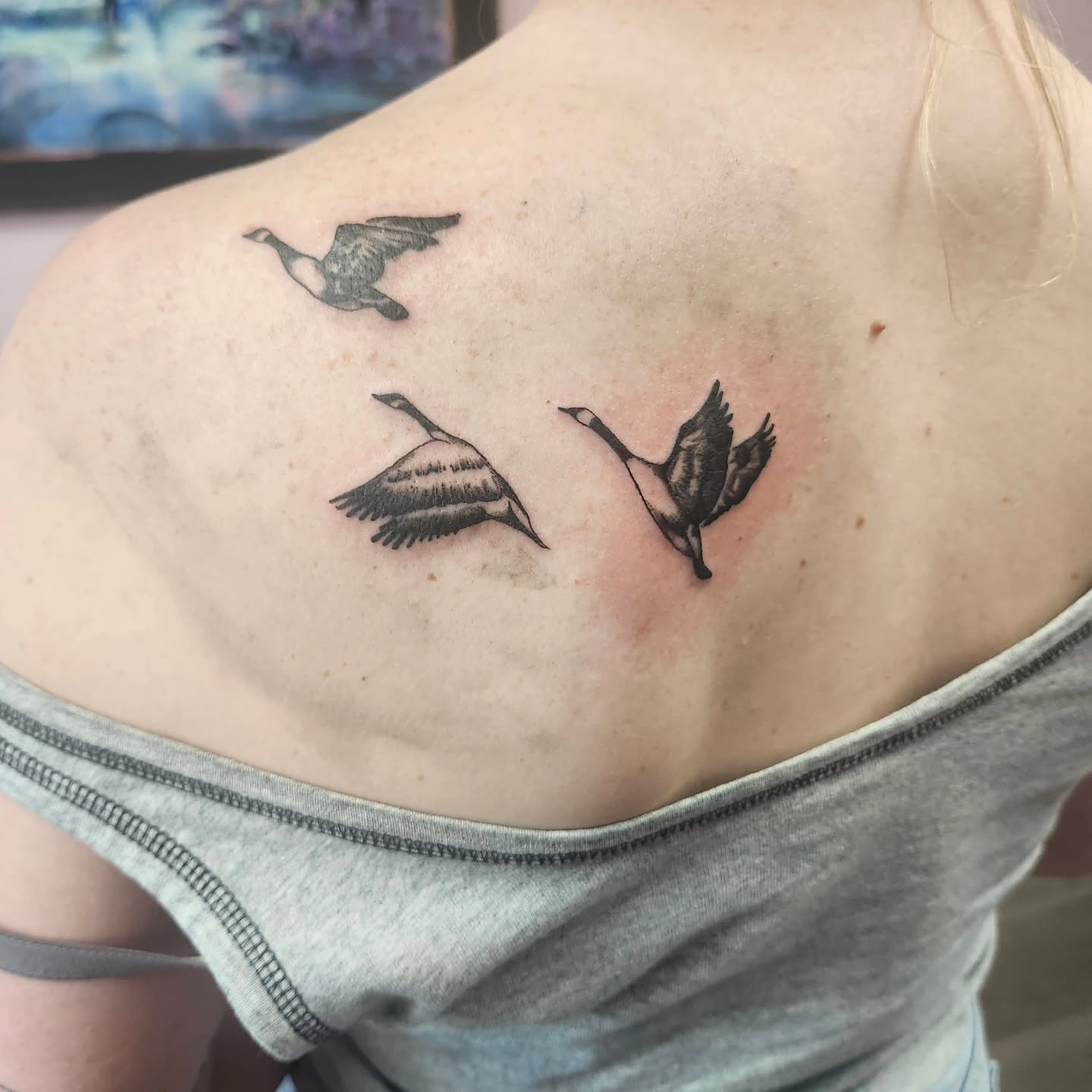 Geese black and grey tattoo on the back by Meredith 🎈 Tattoo the Bride ✝️