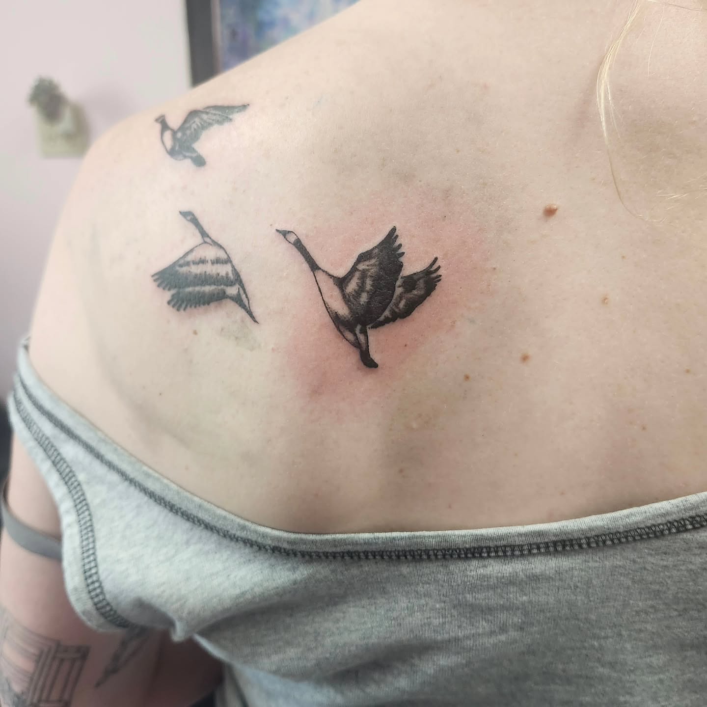 Geese black and grey tattoo on the shoulder by Meredith 🎈 Tattoo the Bride ✝️