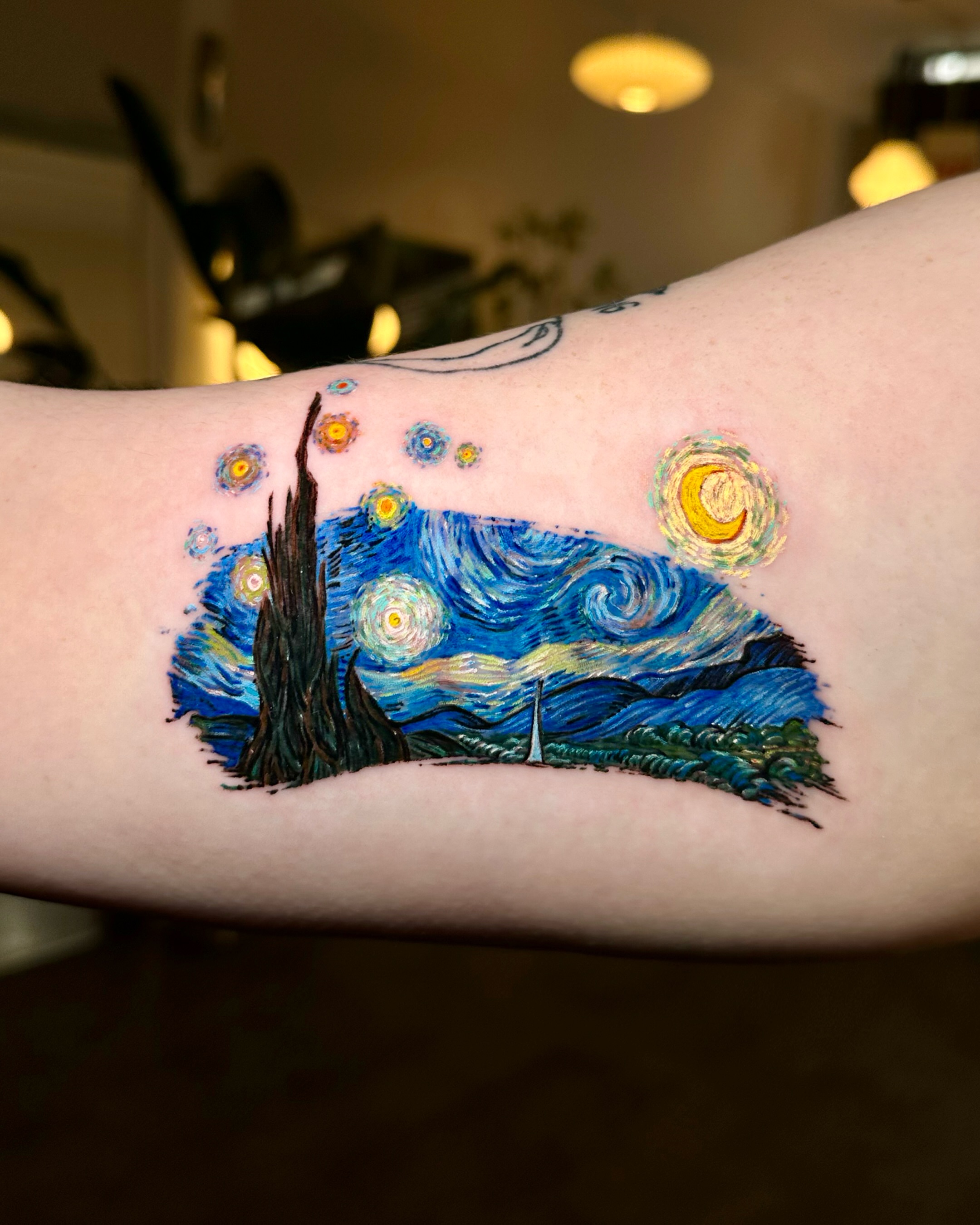 Starry night dotwork tattoo on the forearm by Lani  라니