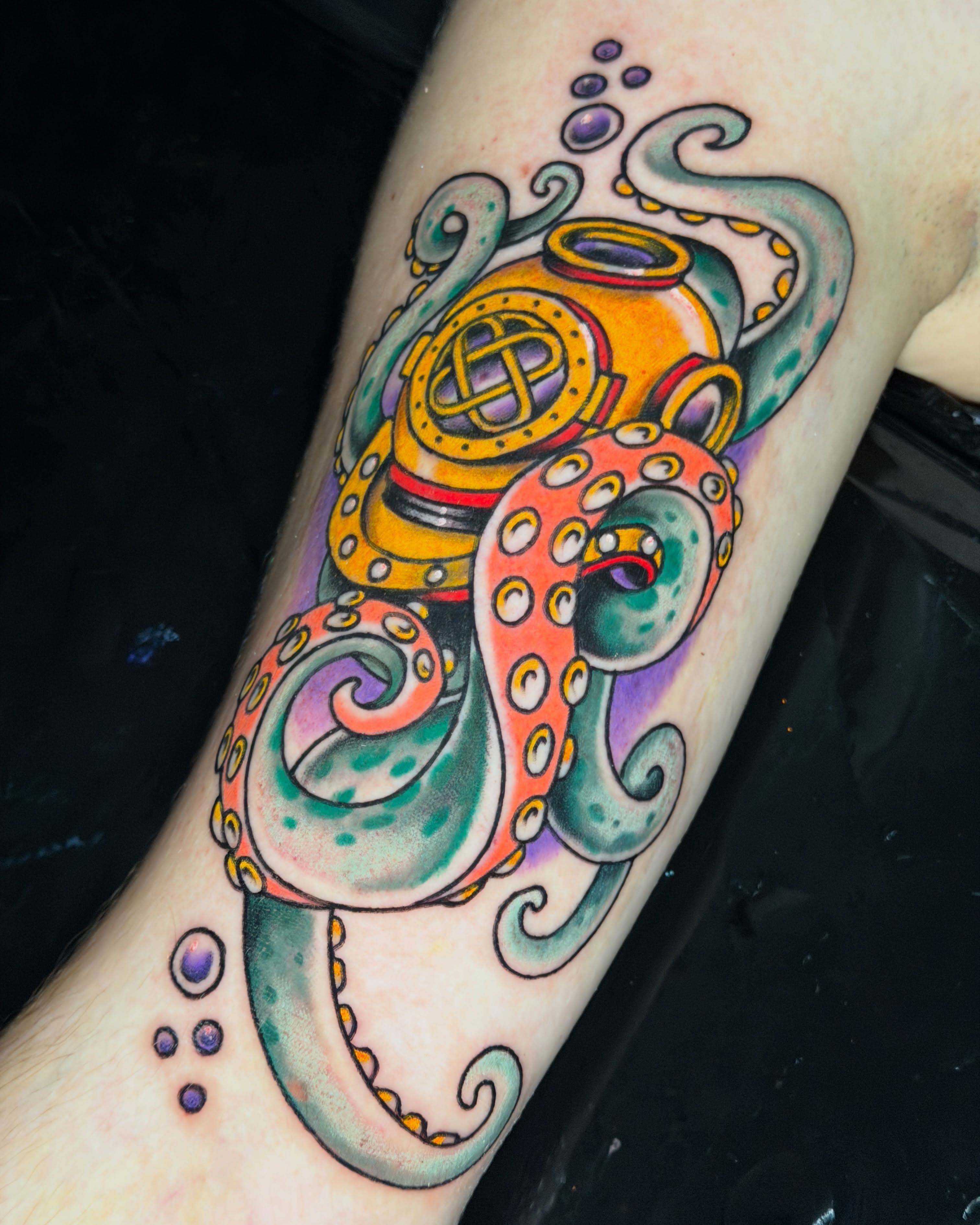 Octopus and diving helmet new school tattoo on the forearm by R e N O T