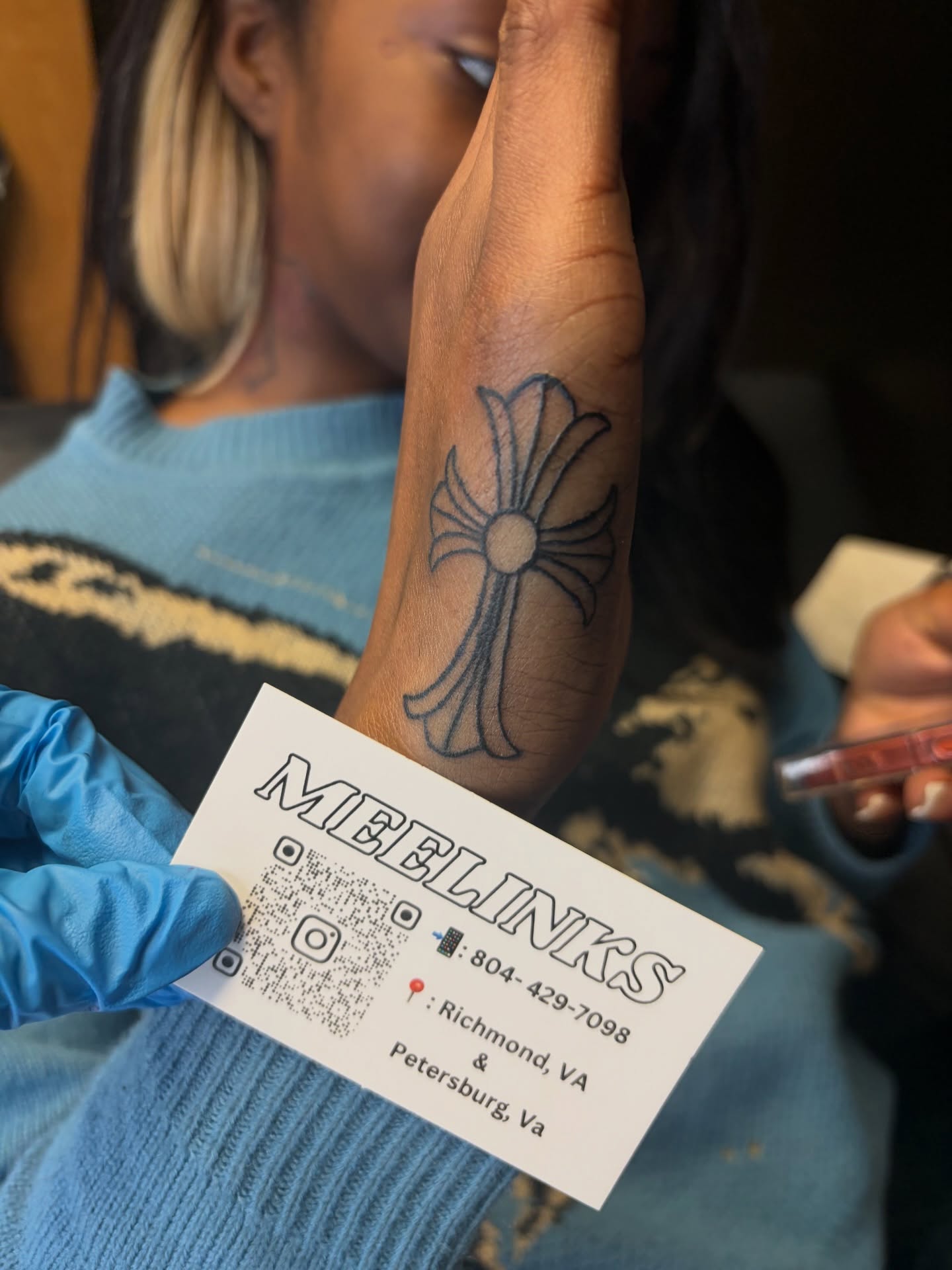 Cross black and grey tattoo on the forearm by Meela Inks ๐, Richmond, Virginia