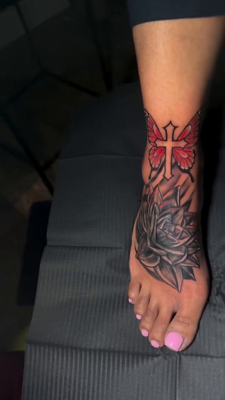 Cross and rose tattoo on foot neo-traditional tattoo on the foot by ✨Cole✨, Cleveland Heights, Ohio