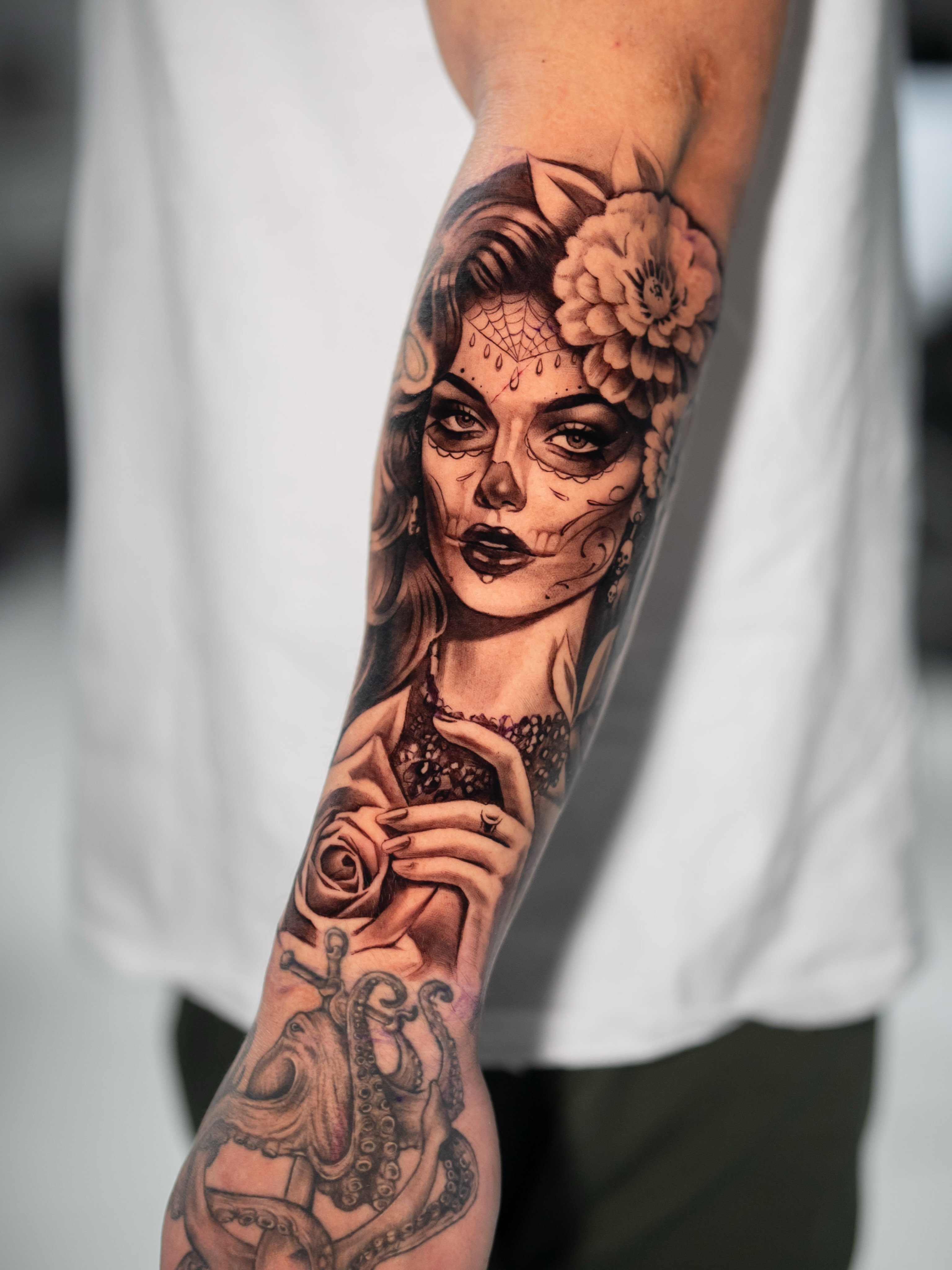 Catrina realism tattoo on the forearm by Joey Hella Tattoo Artist