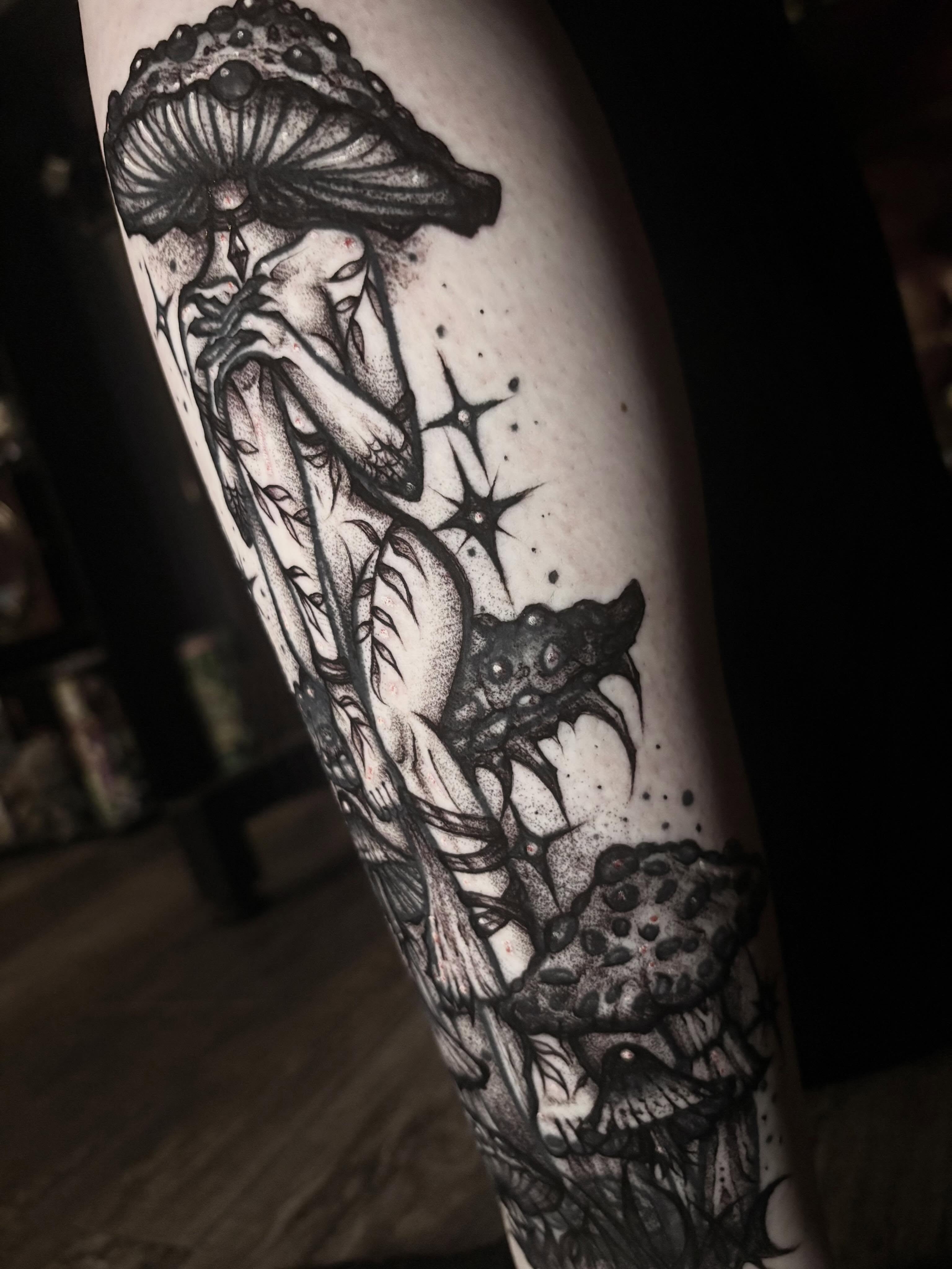 Mushroom woman dotwork tattoo on the forearm by ๐ท๐๐๐๐