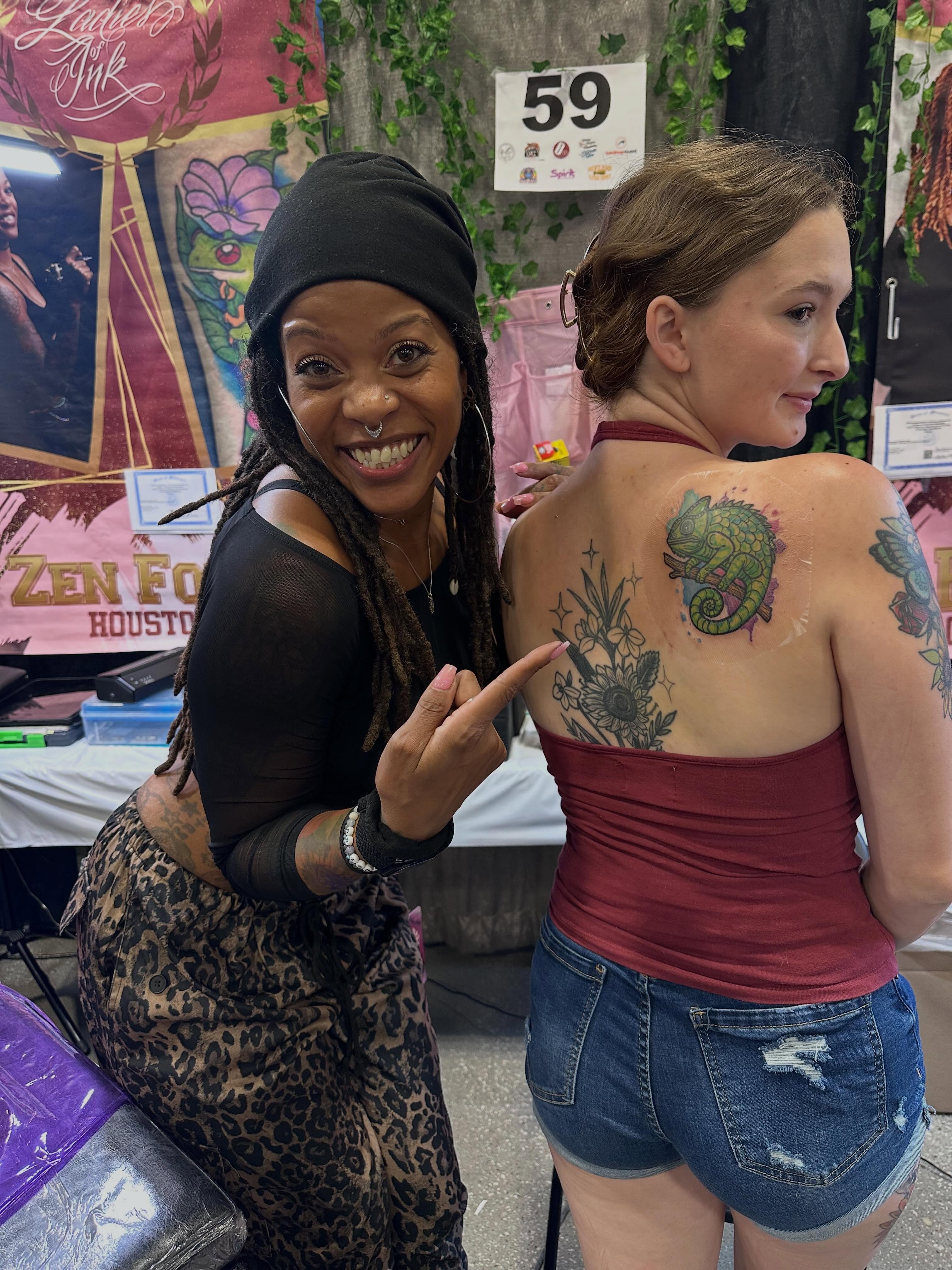Seahorse and floral American traditional tattoo on the back by Zen Forbes