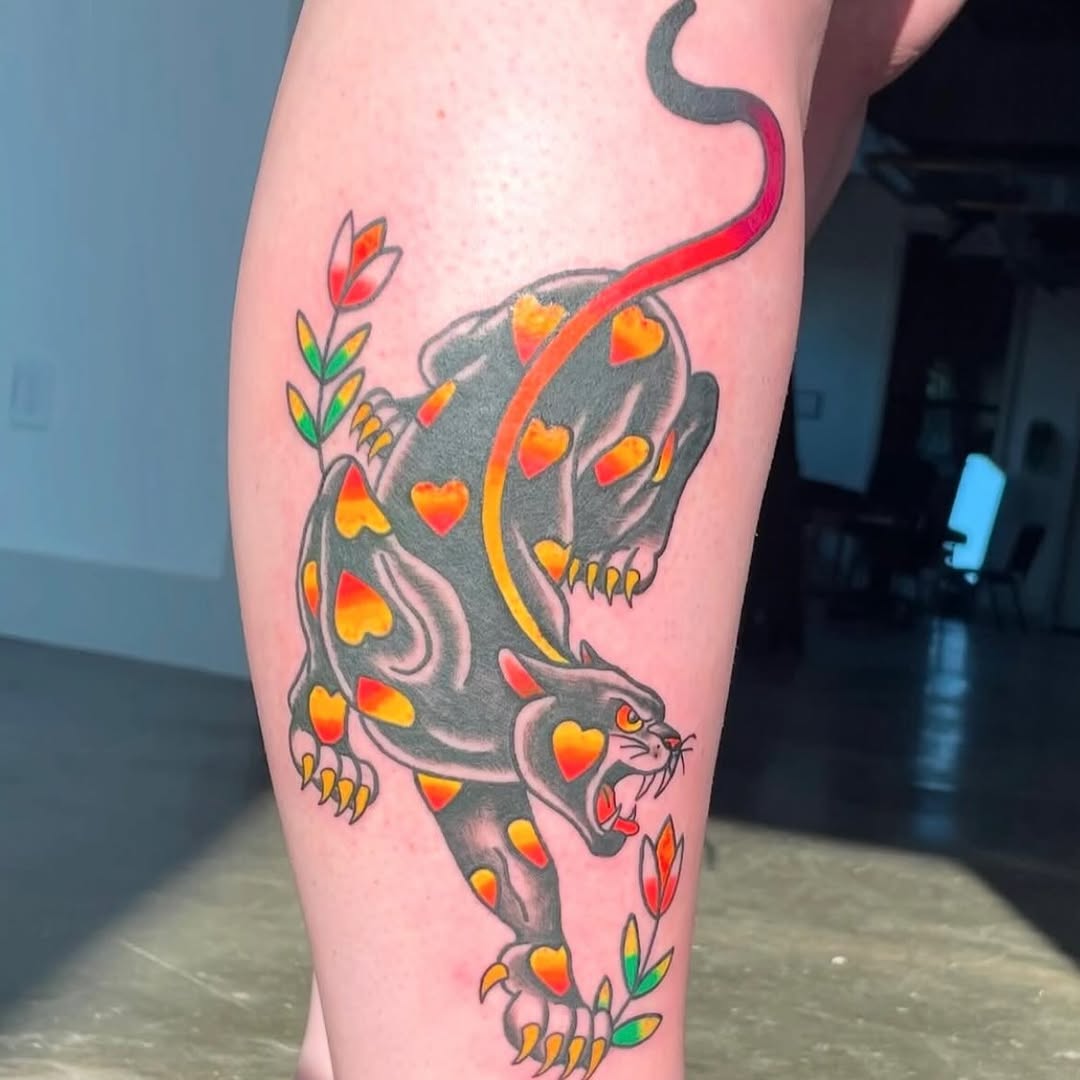 Panther with hearts realism tattoo on the thigh by Avalon Sable