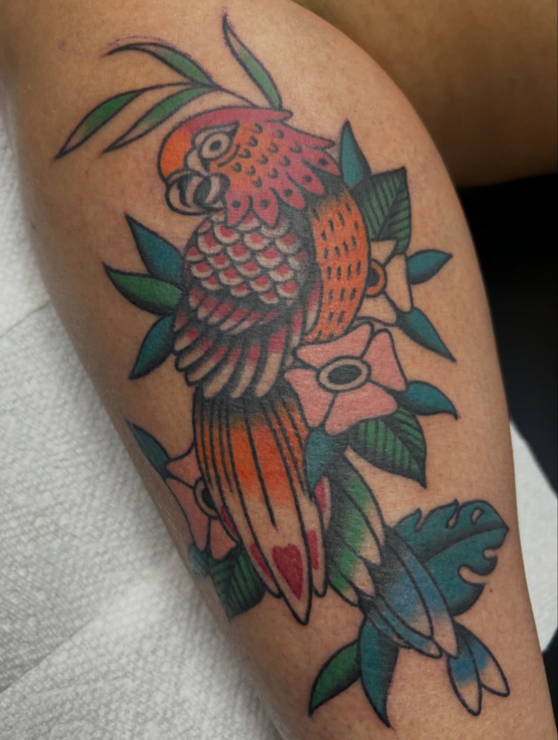 Parrot and flowers American traditional tattoo on the forearm by Tiffany Vargas