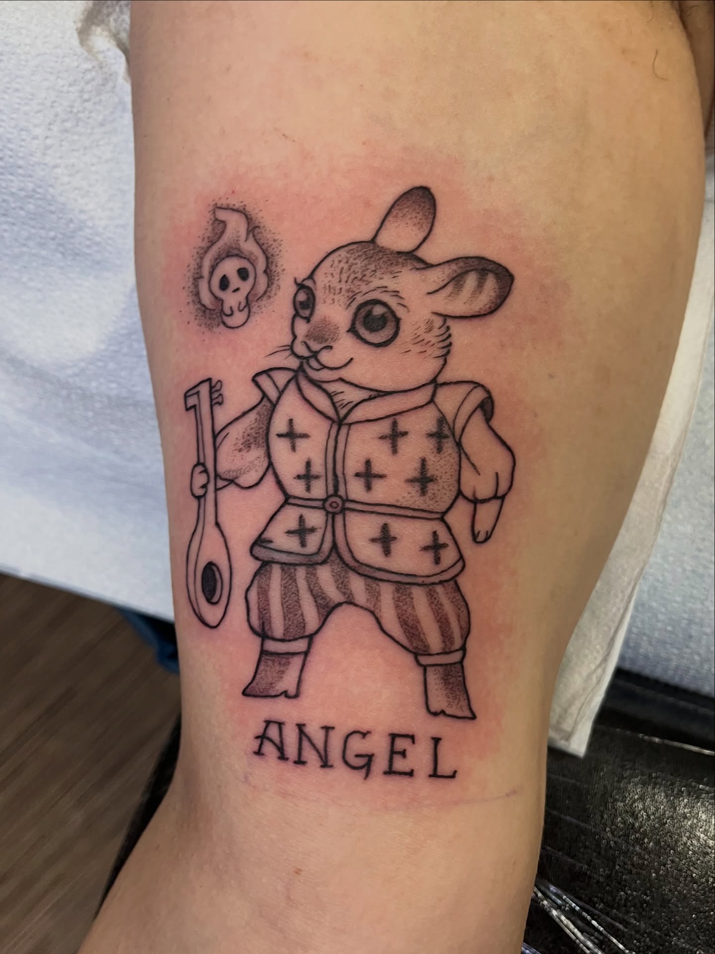 Mouse in armor dotwork tattoo on the forearm by Lacey B, Portland, Oregon