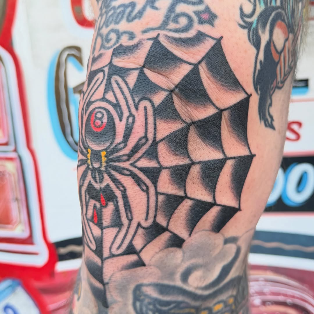 Spider American traditional tattoo on the forearm by Max mogstad