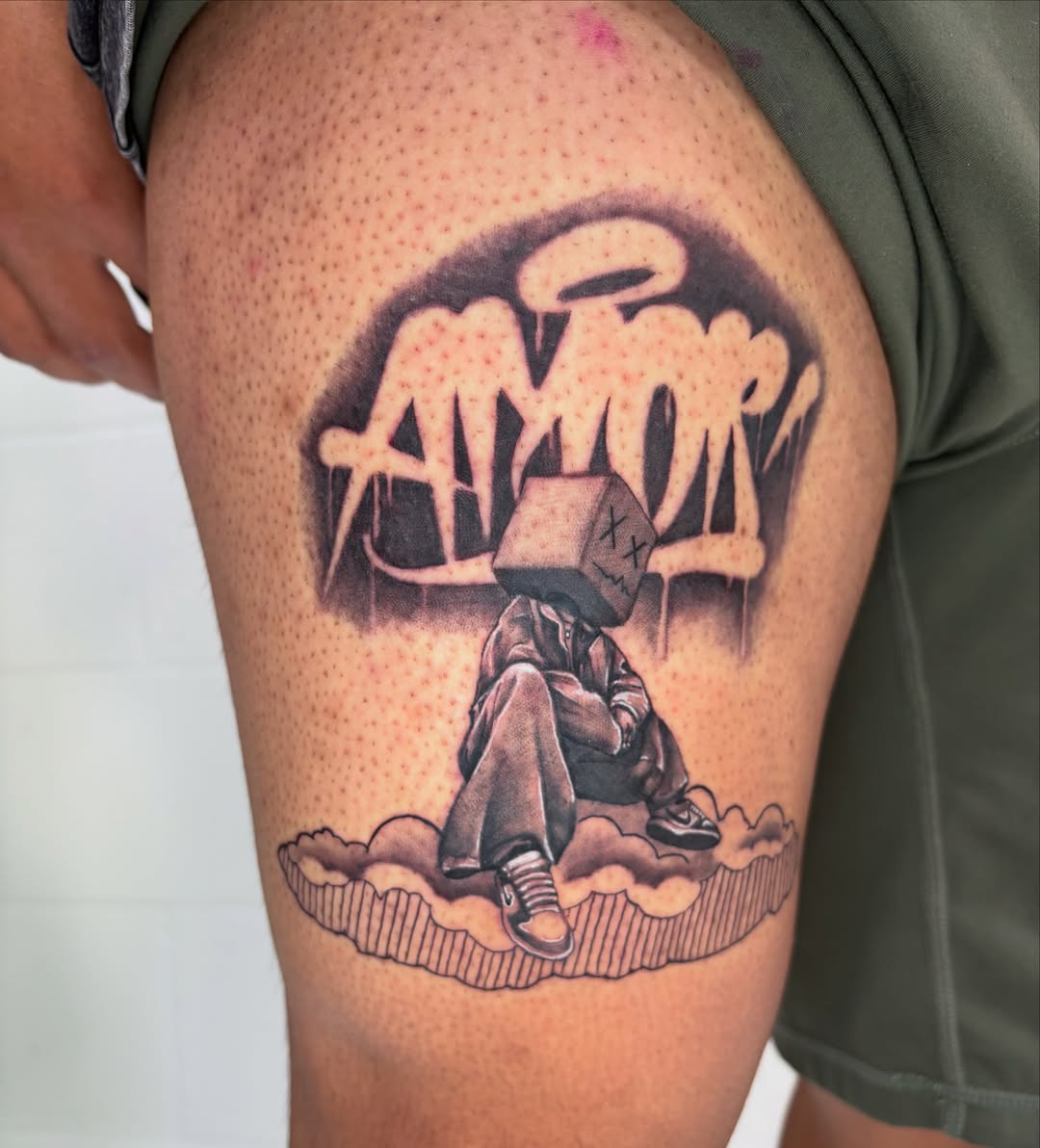 Amor dotwork tattoo on the thigh by Dani