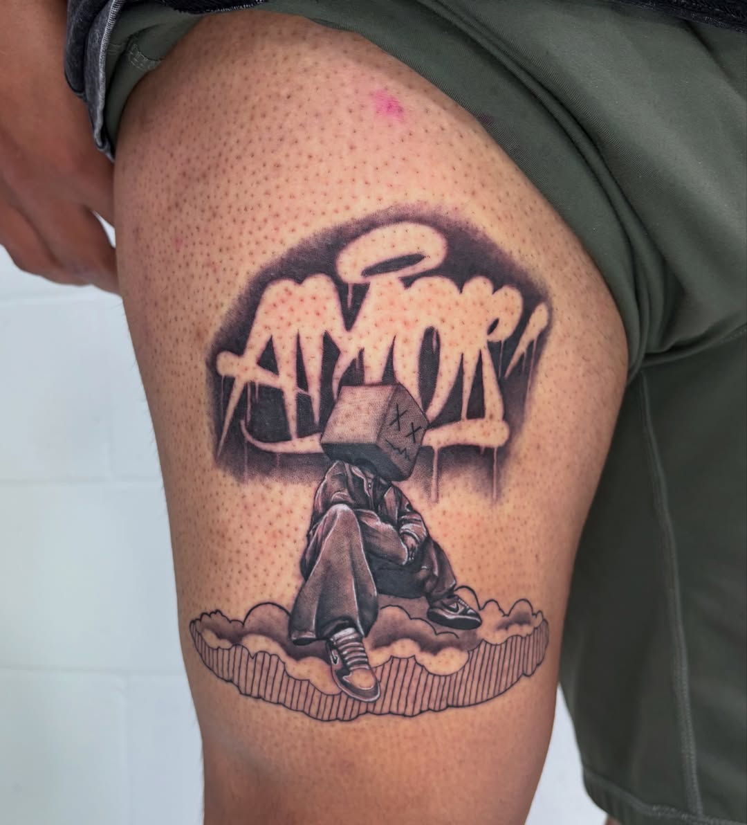 Amor dotwork tattoo on the thigh by Dani