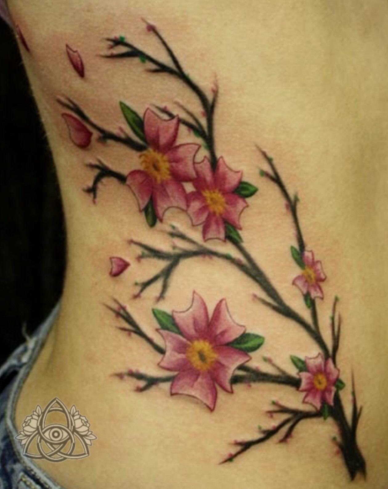Cherry blossom branch realism tattoo on the ribs by Michael - Tattoo Garden Everett, Everett, Washington