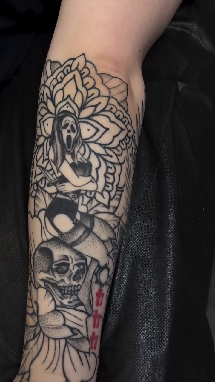Mandala with skull and roses ornamental tattoo on the forearm by Ciera Farni, Murray, Utah