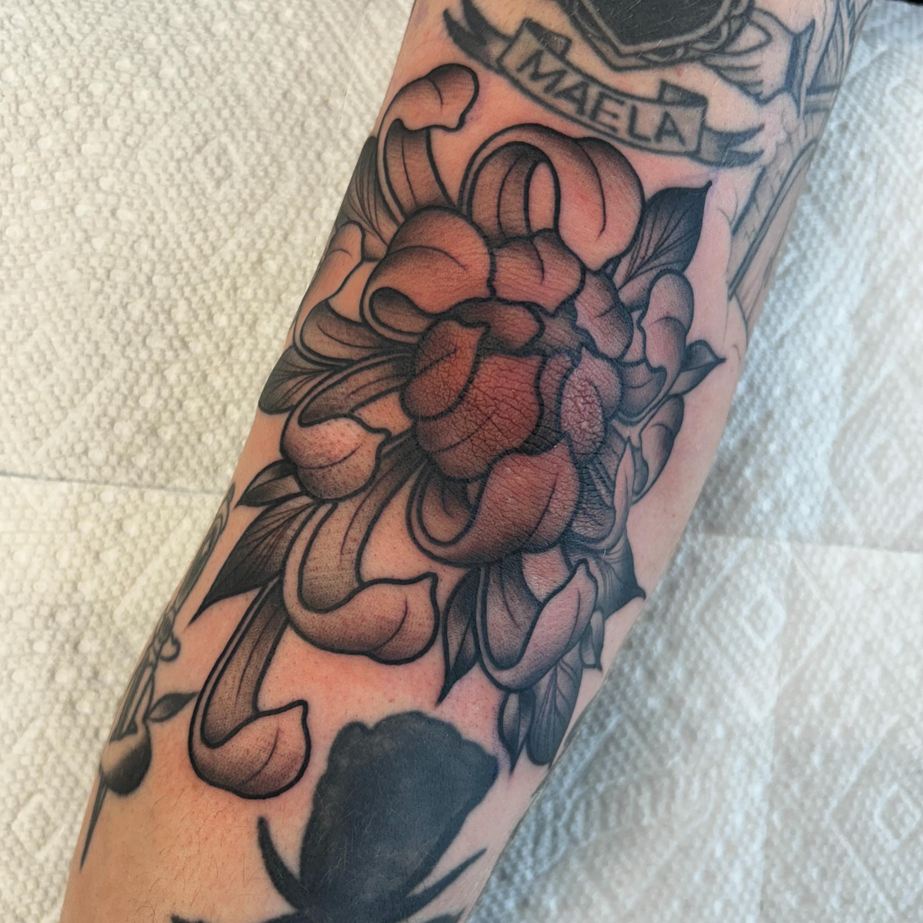 Peony American traditional tattoo on the forearm by Kayla Fay, Baton Rouge, Louisiana