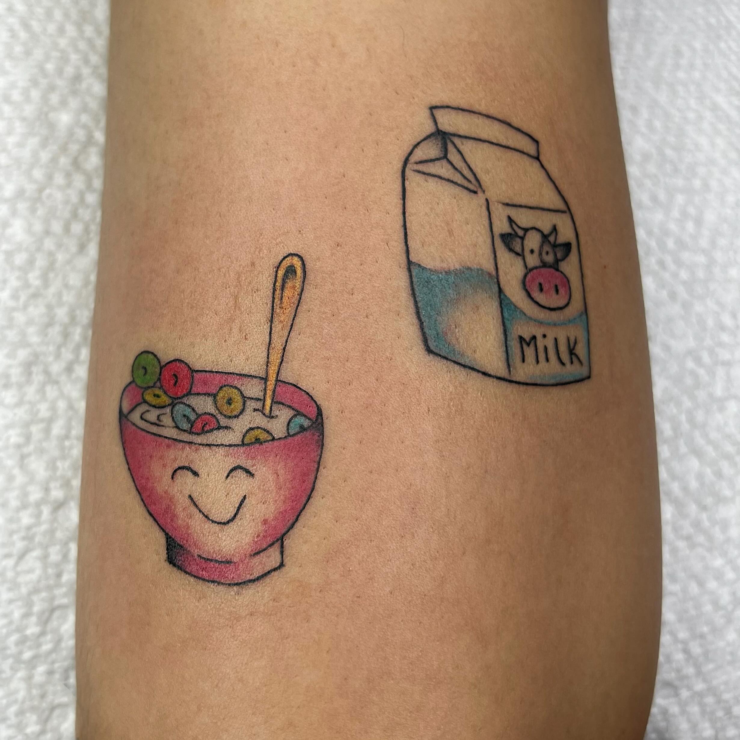 Breakfast cereal bowl illustrative tattoo on the forearm by Sara Atamian, San Diego, California