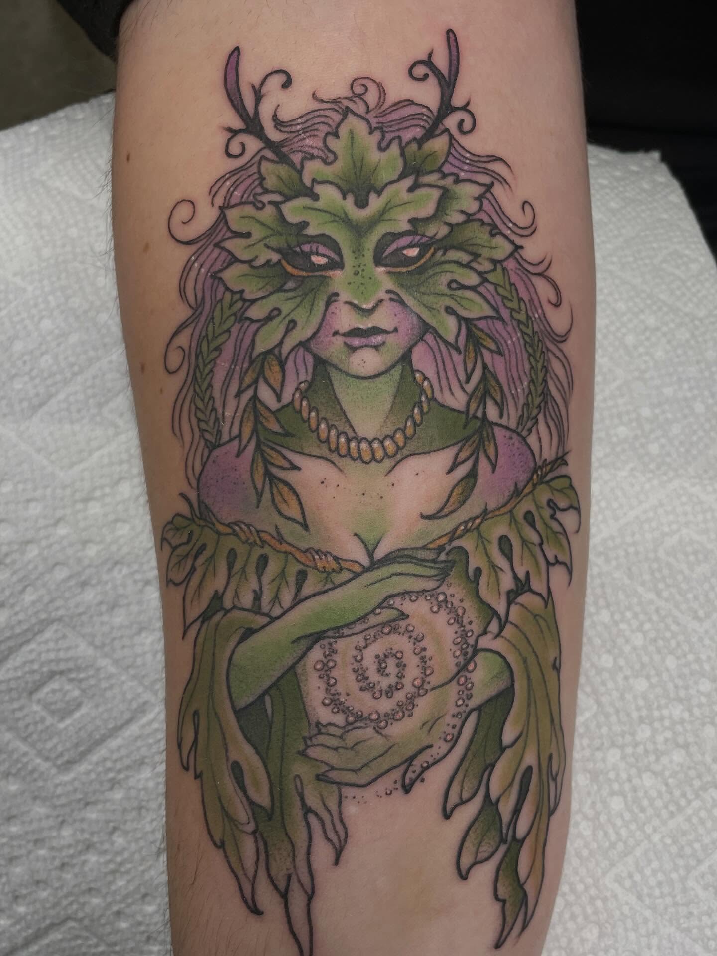 Green goddess new school tattoo on the forearm by Fionna Fanning