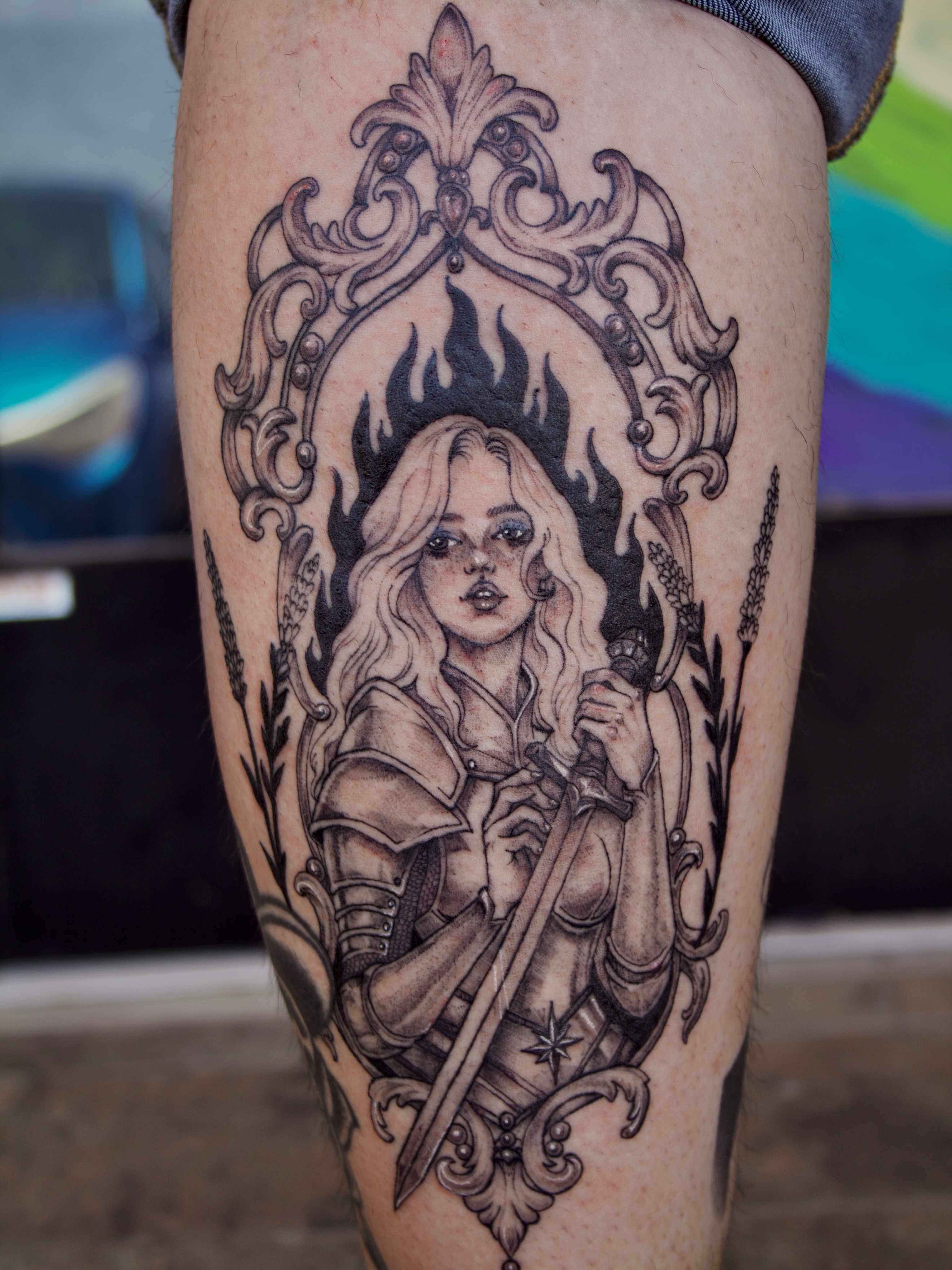 Flame-wielding woman realism tattoo on the thigh by ✧Lee Ortiz