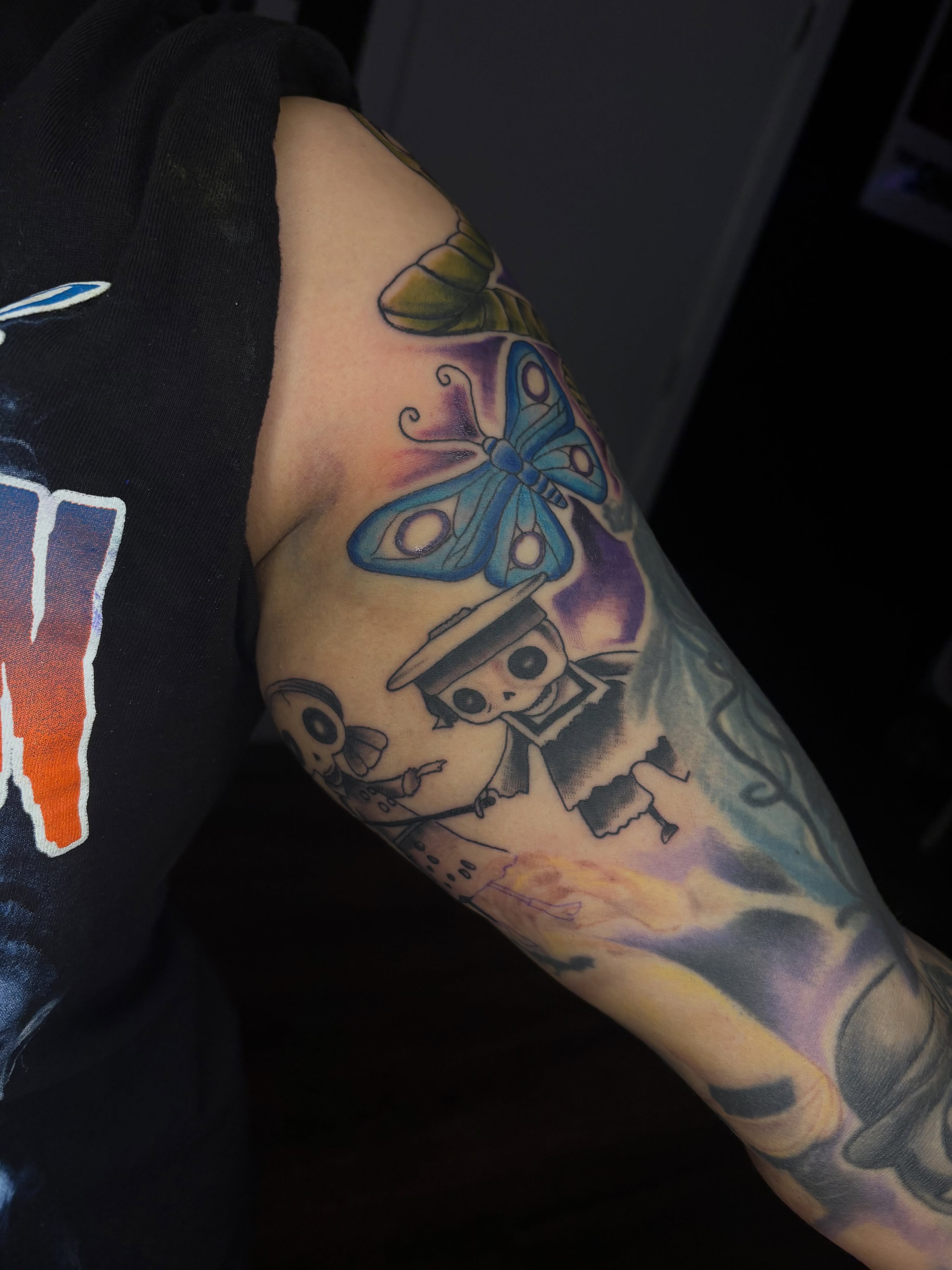 Skull with butterfly American traditional tattoo on the forearm by 🔥Zoë Zahasky Tattoos🔥