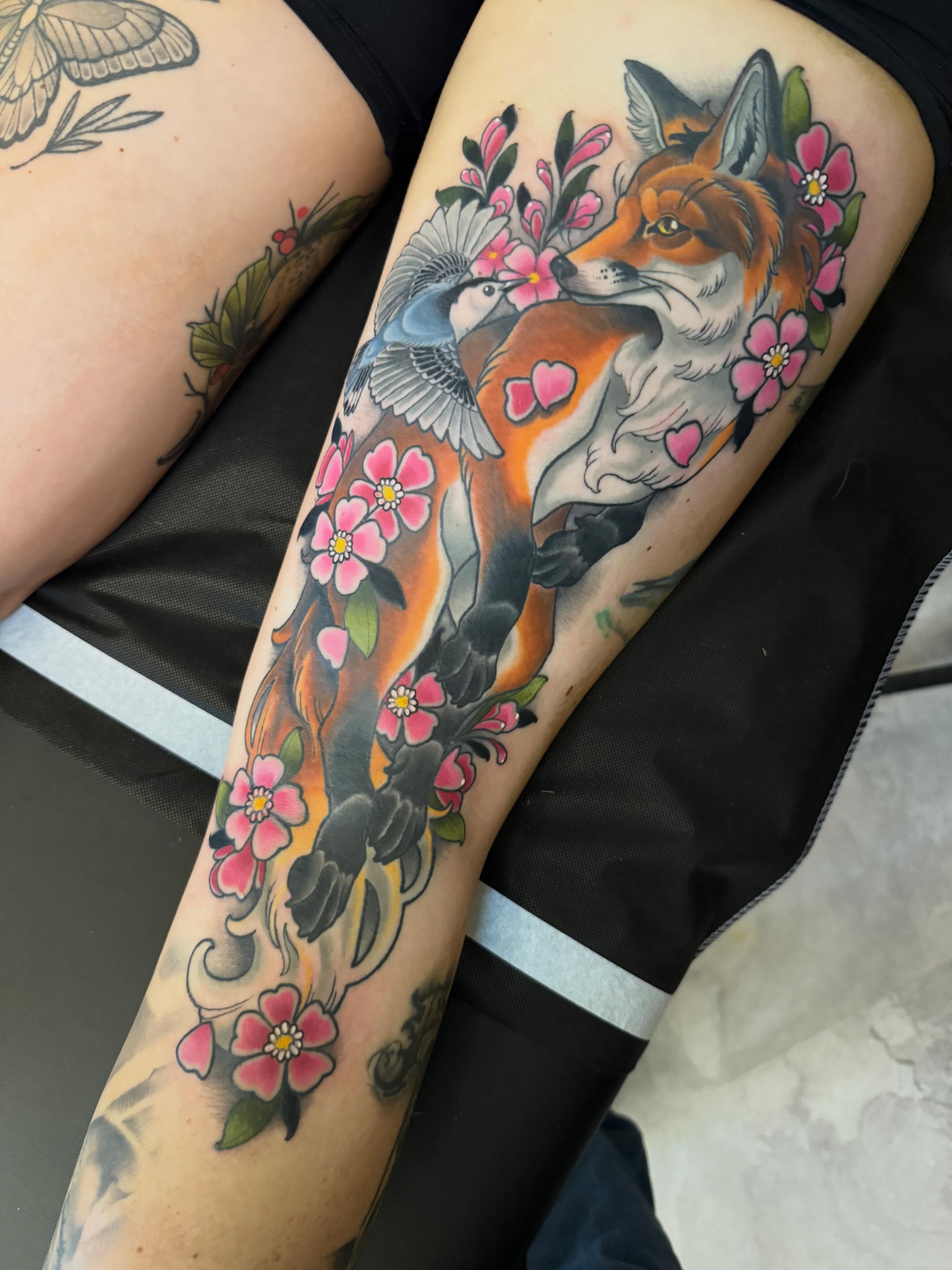Fox and bird japanese irezumi tattoo on the thigh by Kyle Behr