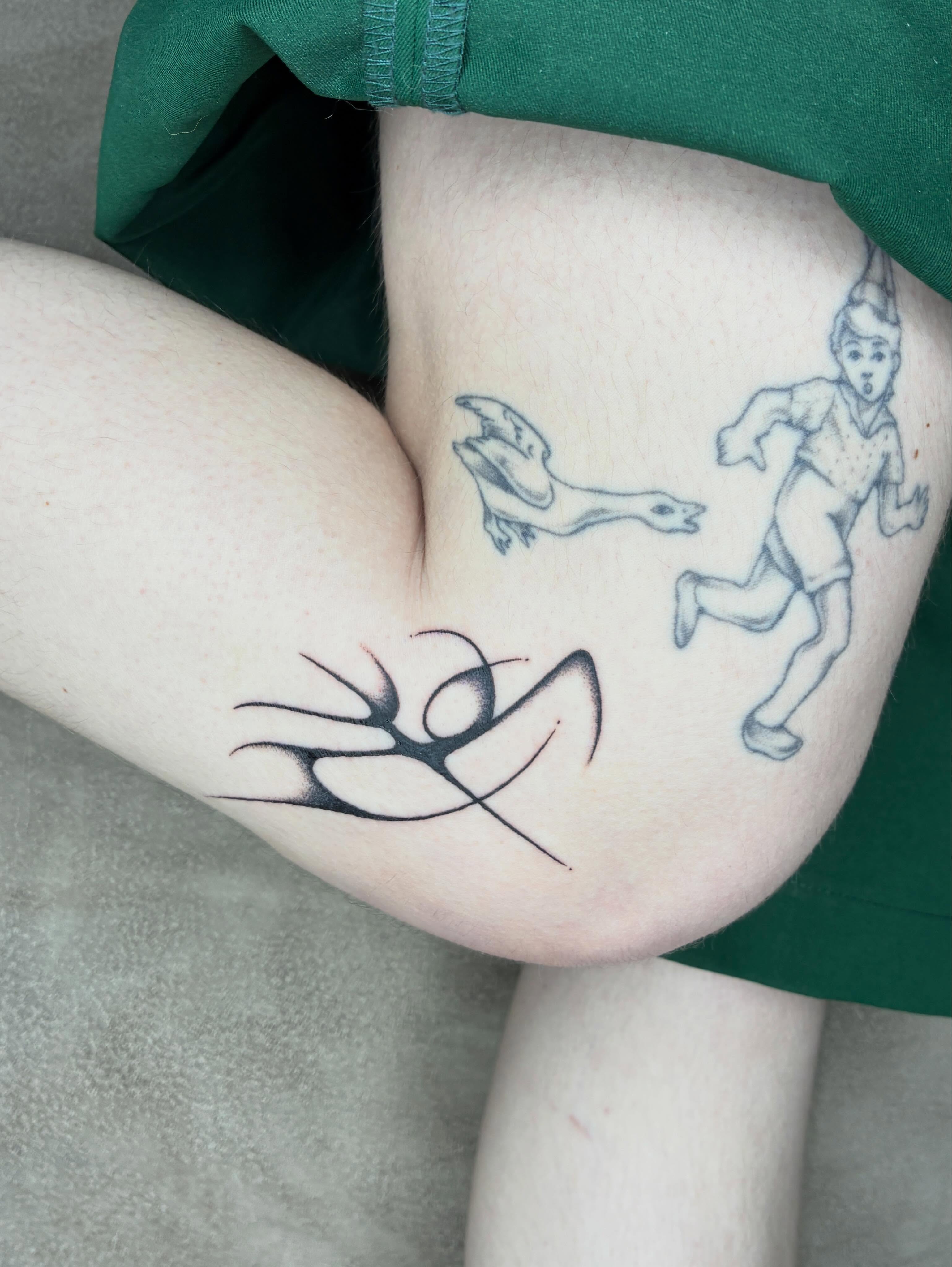 Peter Pan and goose black and grey tattoo on the forearm by Steven Sessler, San Francisco, California