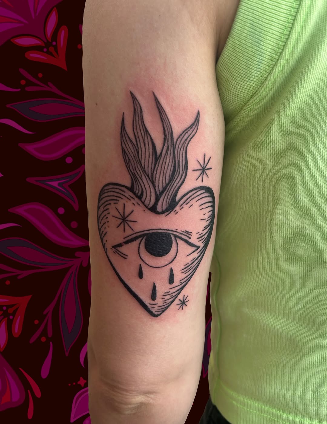 Flaming heart with eye and tears geometric tattoo on the forearm by ❆ minneapolis tattoo artist ❆
