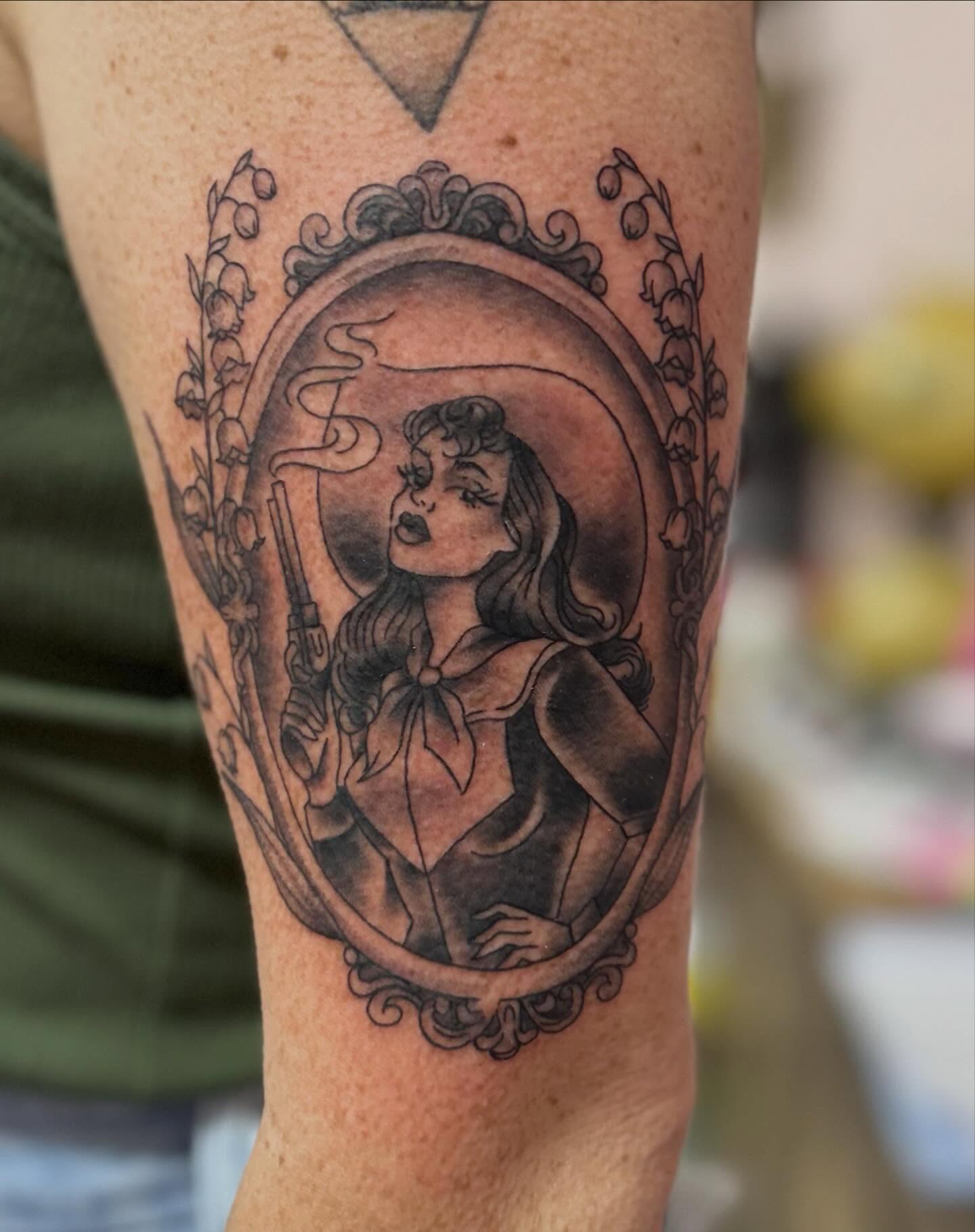 Woman smoking black and grey tattoo on the forearm by Red✨, Gansevoort, New York