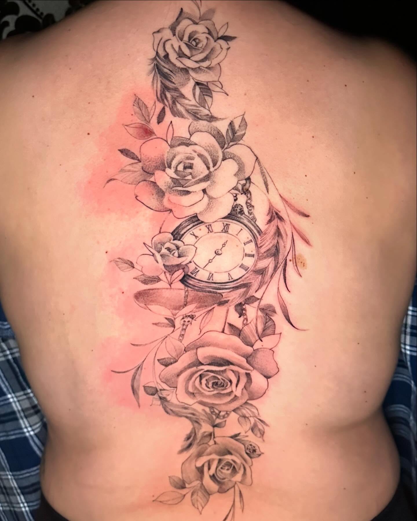 Roses and pocket watch realism tattoo by Cassandra Rasper-Beard