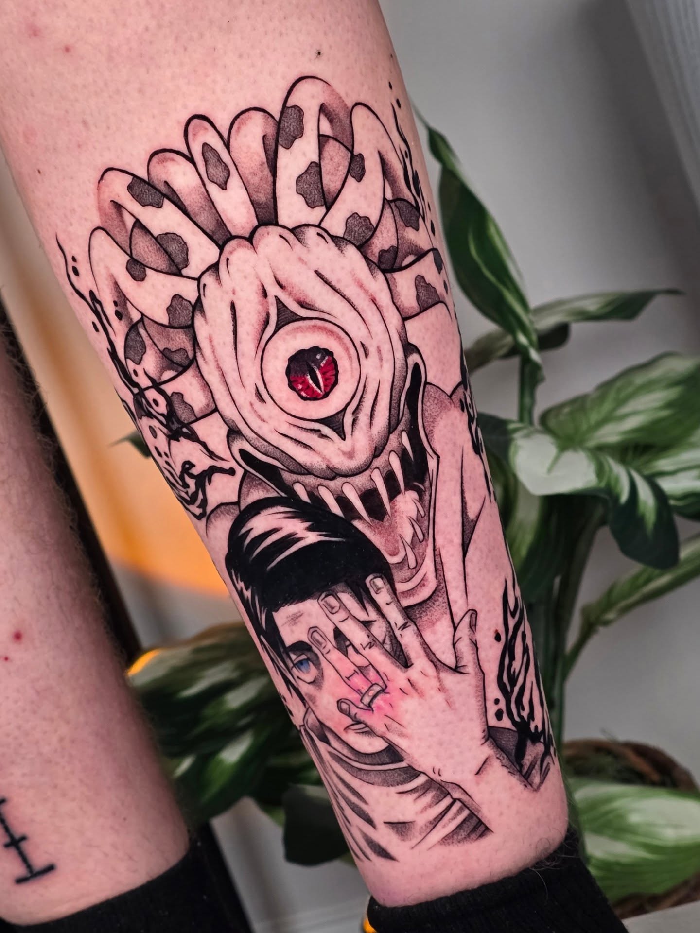 Flower and face American traditional tattoo on the forearm by Scribbles (Teala René), Charlotte, North Carolina