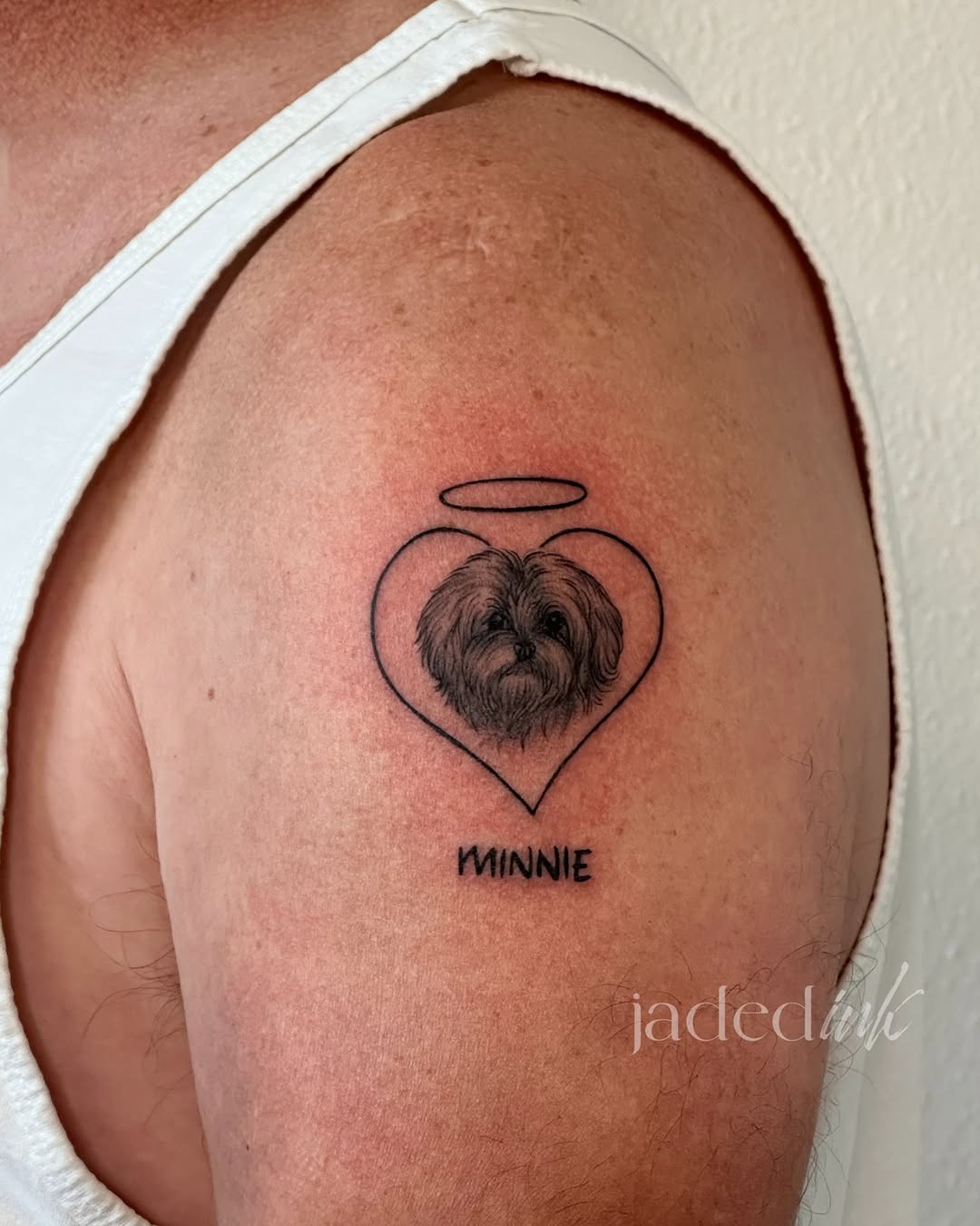 Dog portrait with halo and name realism tattoo on the shoulder by 𝑱𝒂𝒅𝒆𝒅 𝑰𝒏𝒌 𝑷𝒆𝒓𝒎𝒂𝒏𝒆𝒏𝒕 𝑴𝒂𝒌𝒆𝒖𝒑 & 𝑻𝒂𝒕𝒕𝒐𝒐