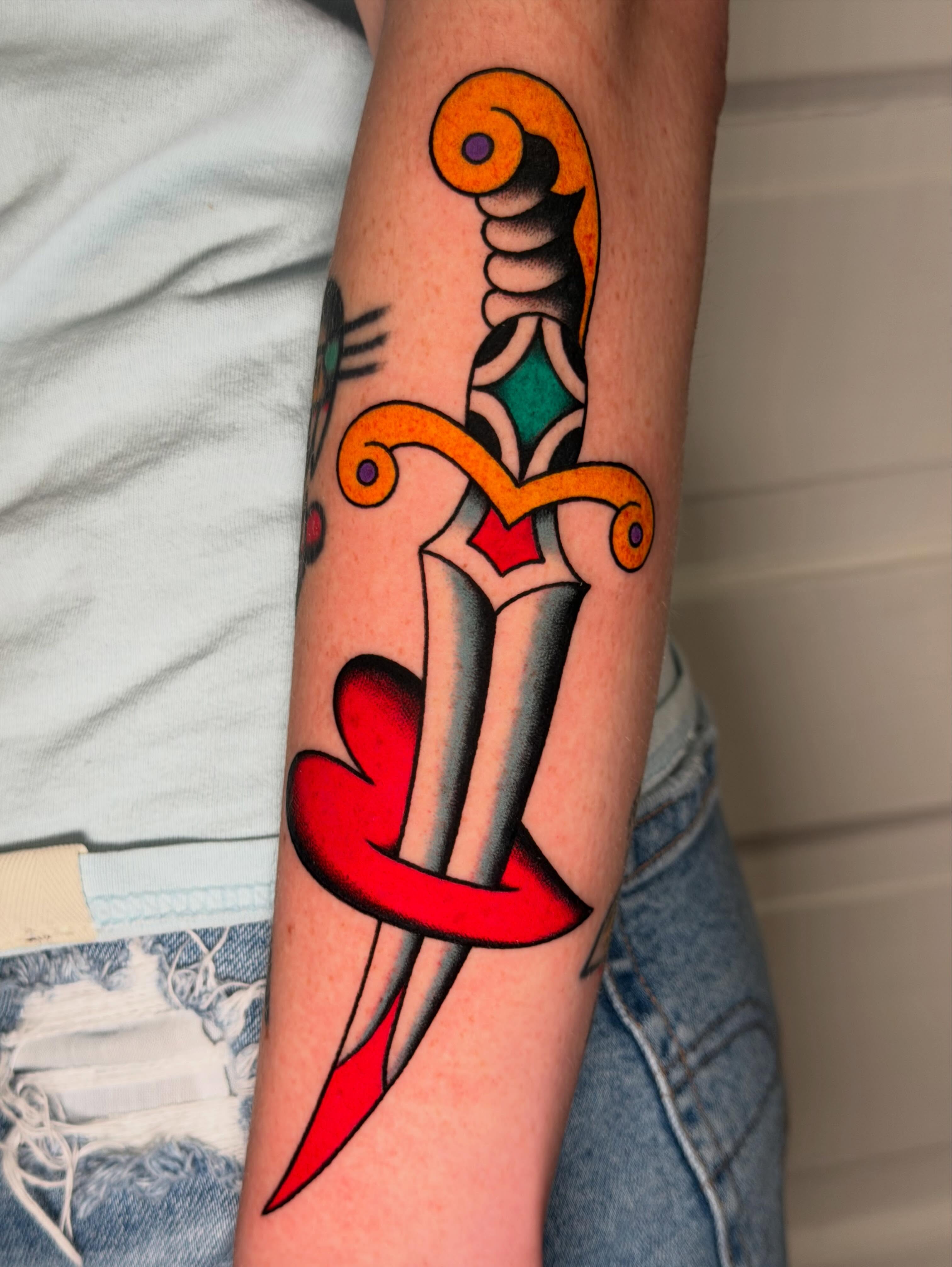 Sword American traditional tattoo on the forearm by Michael Barnhill Tattooer, Charlotte, North Carolina
