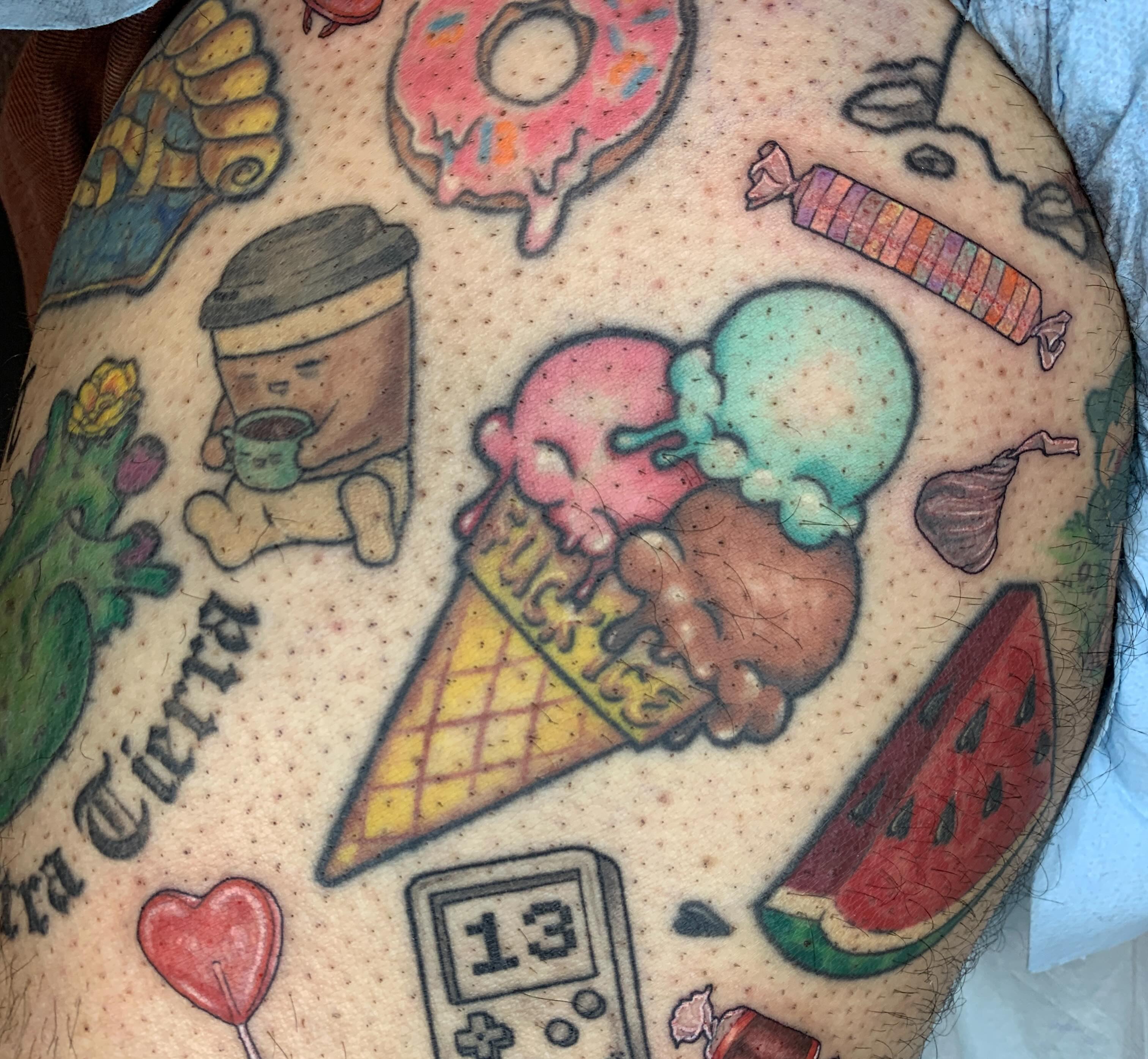 Ice cream cone American traditional tattoo on the thigh by Kitty Jones, Berkeley, California