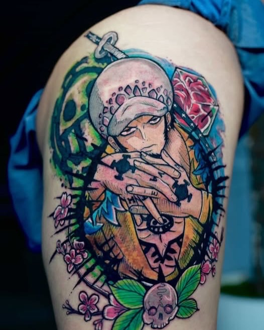 Anime character anime tattoo on the thigh by Kevin A. Salinas ๐จ๐ด, Houston, Texas