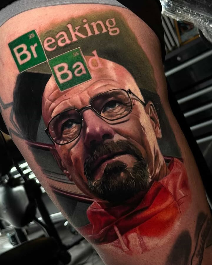 Walter White from Breaking Bad realism tattoo on the forearm by Guillermo Columbie, Houston, Texas
