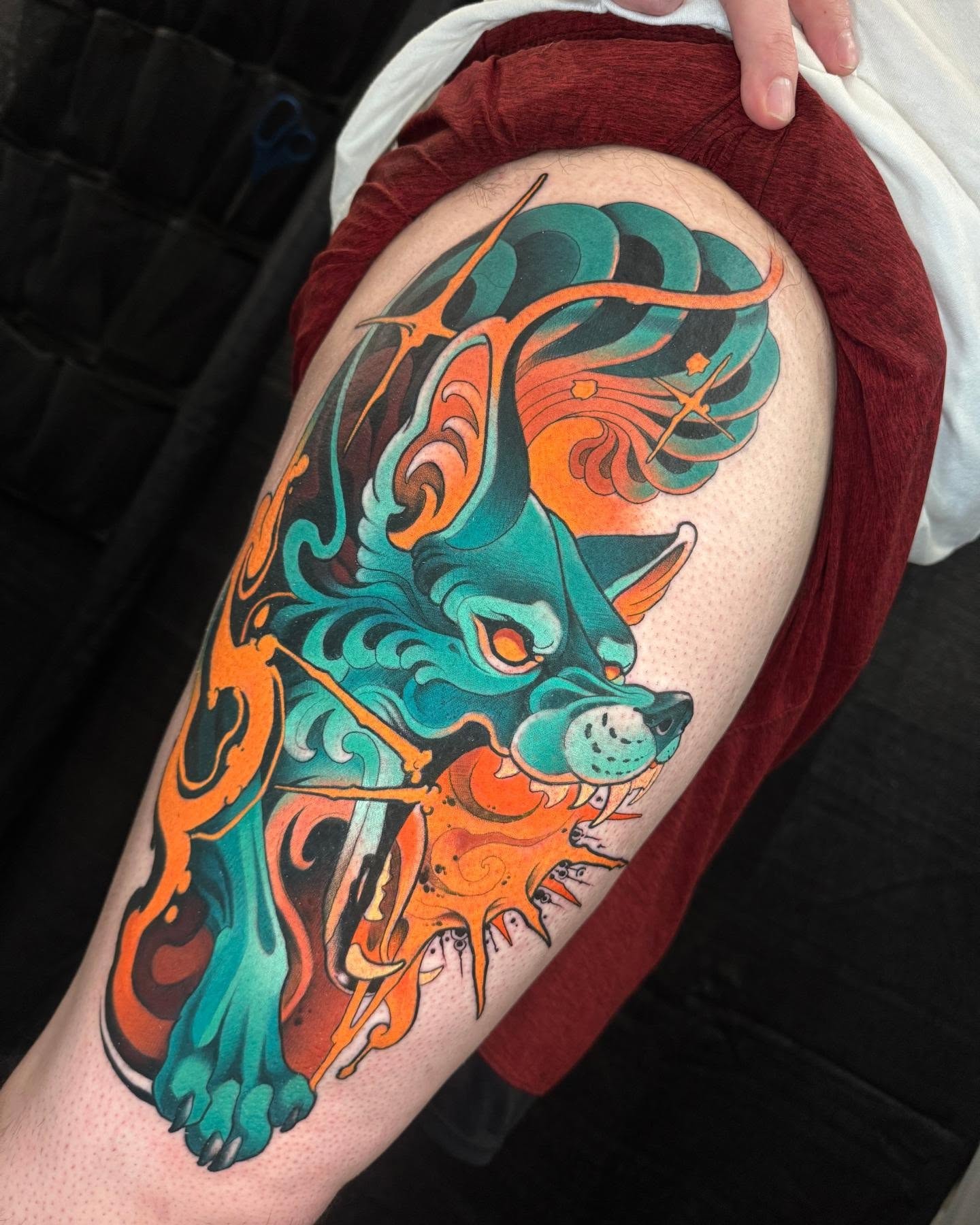 Fox new school tattoo on the thigh by Freddie Brown, Lombard, IL