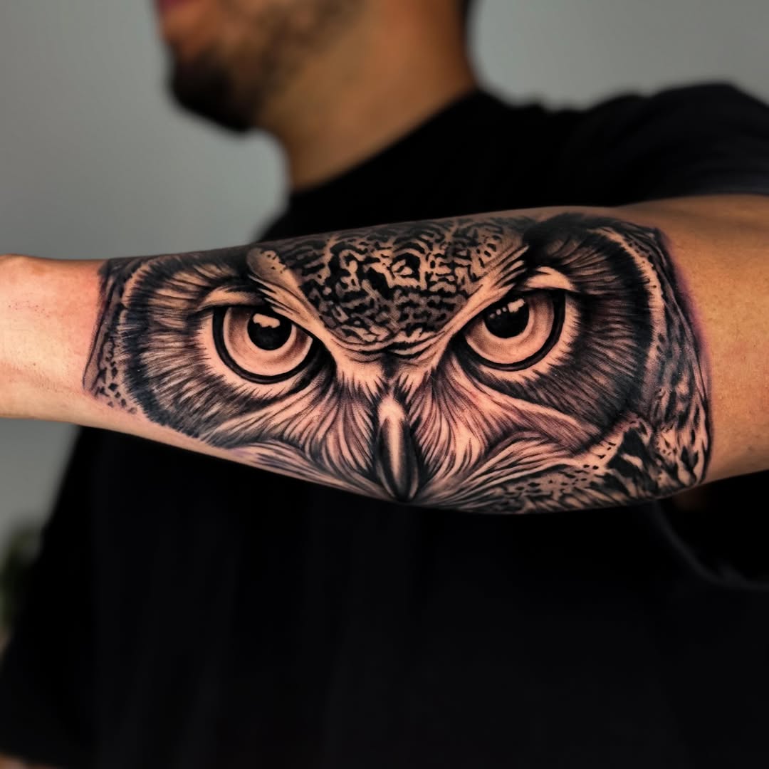 Owl face realism tattoo on the forearm by ♍️𝒾𝒸𝒽𝑒𝓁𝓁𝑒⁺‧₊˚ ཐི⋆♱⋆ཋྀ ˚₊‧⁺, Charlotte, North Carolina