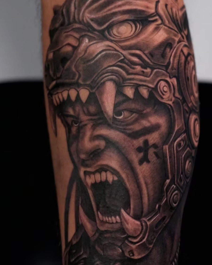 Cyborg head realism tattoo on the forearm by Juan Alejandro Trejos