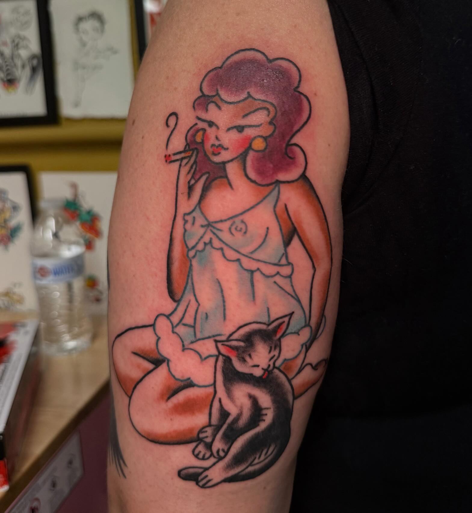 Smoking woman with cat American traditional tattoo on the forearm by ★ eliza rodriguez🇲🇽 ★