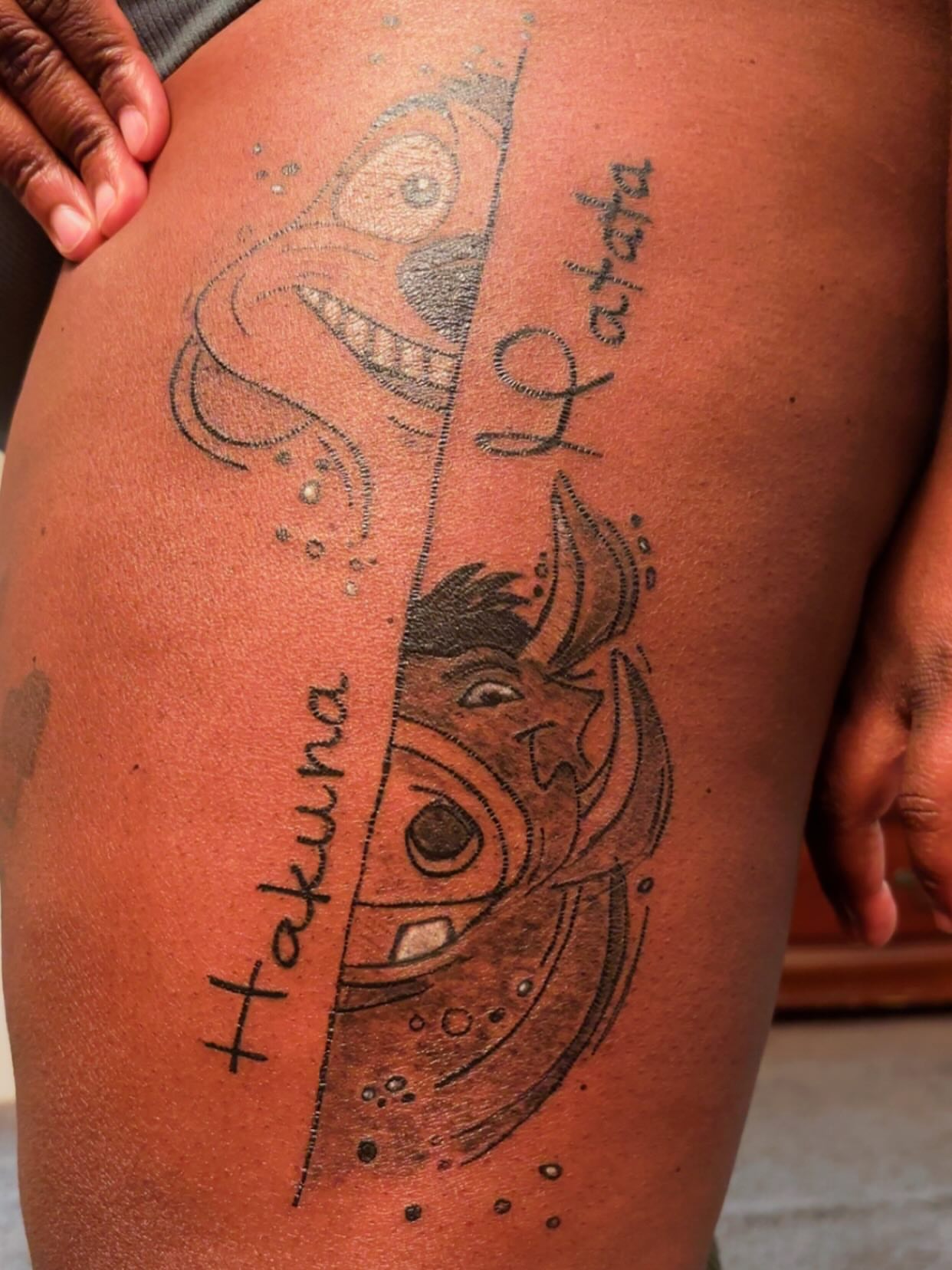 Lion and lioness dotwork tattoo on the thigh by Sarah Sharee💃🏽