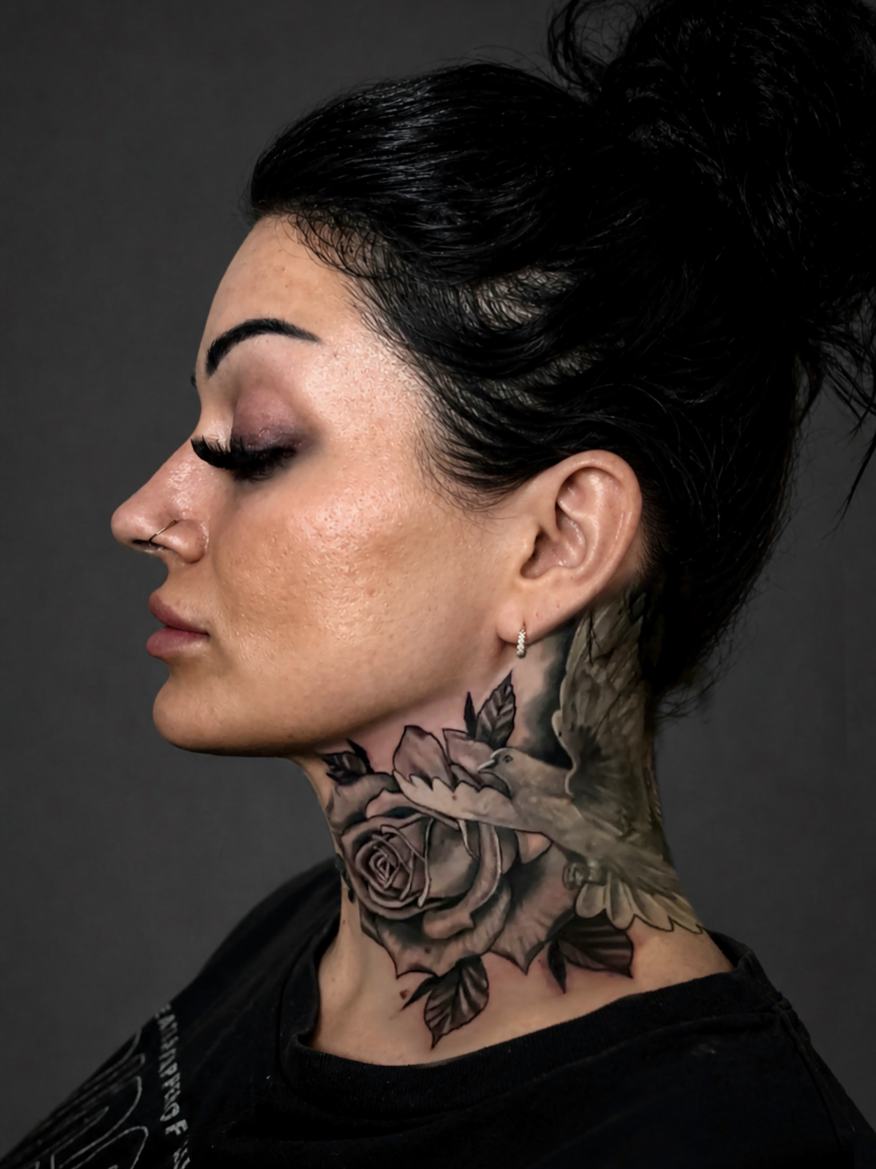 Rose and dove realism tattoo on the neck by Henrry Bravo