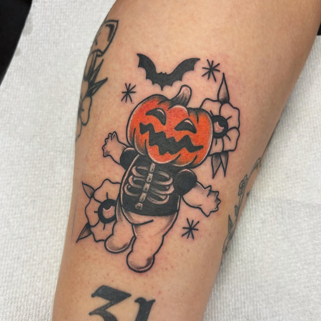 Pumpkin skeleton American traditional tattoo on the forearm by Demi Flores 🖤